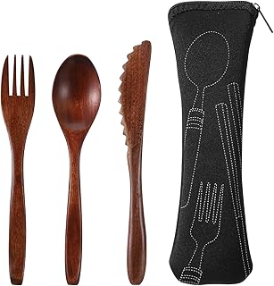 3 PCS Wooden Spoons for Eating Travel Wooden Utensil Set Reusable Utensils Set Portable Cutlery Wooden-Fork and Spoon with Bag for Travel Camping
