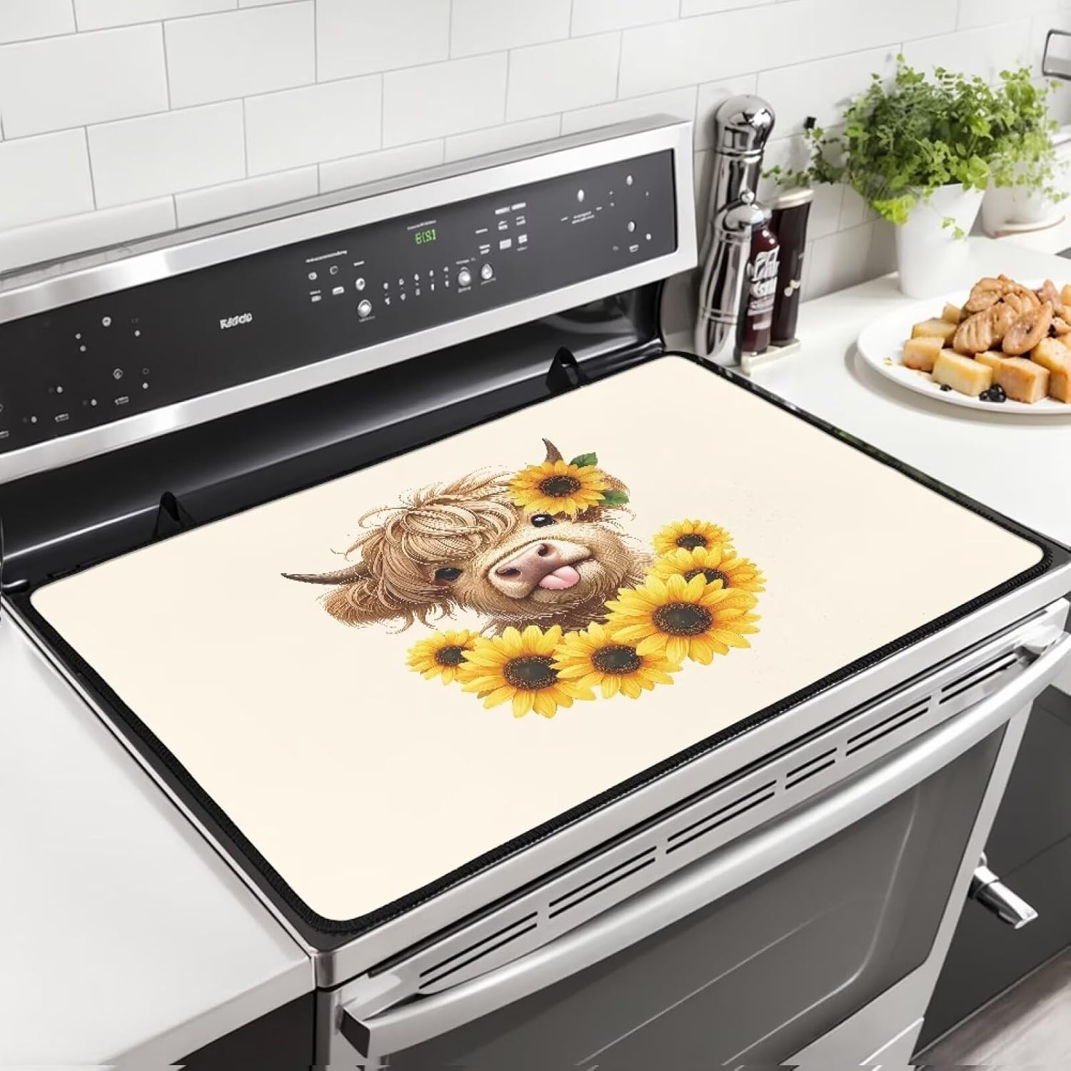 Stove Top Cover for Glass Stove Multi-purpose Electric Stovetop Cover Cooktop Dust Cover Heat Resistant Mats for Countertop Glass Stove Washer Dryer Top, Sunflower Highland Cow Calf Beige