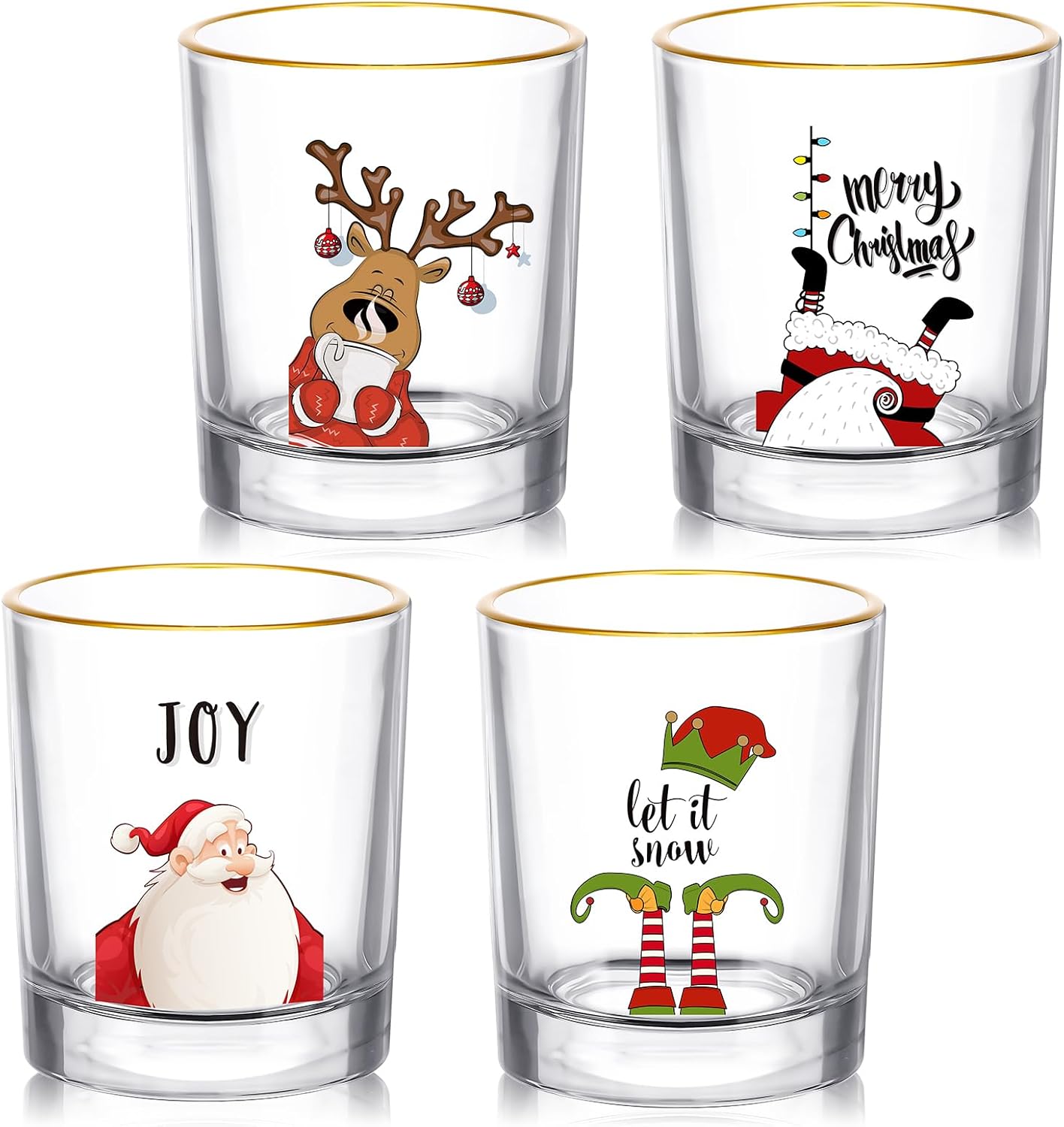 4 Pcs Christmas Whiskey Glasses 10 oz Gold Rimmed Elegant Holiday Themed Glassware Festive Holiday Drinkware with Christmas Design for Whiskey at Gatherings Celebrations