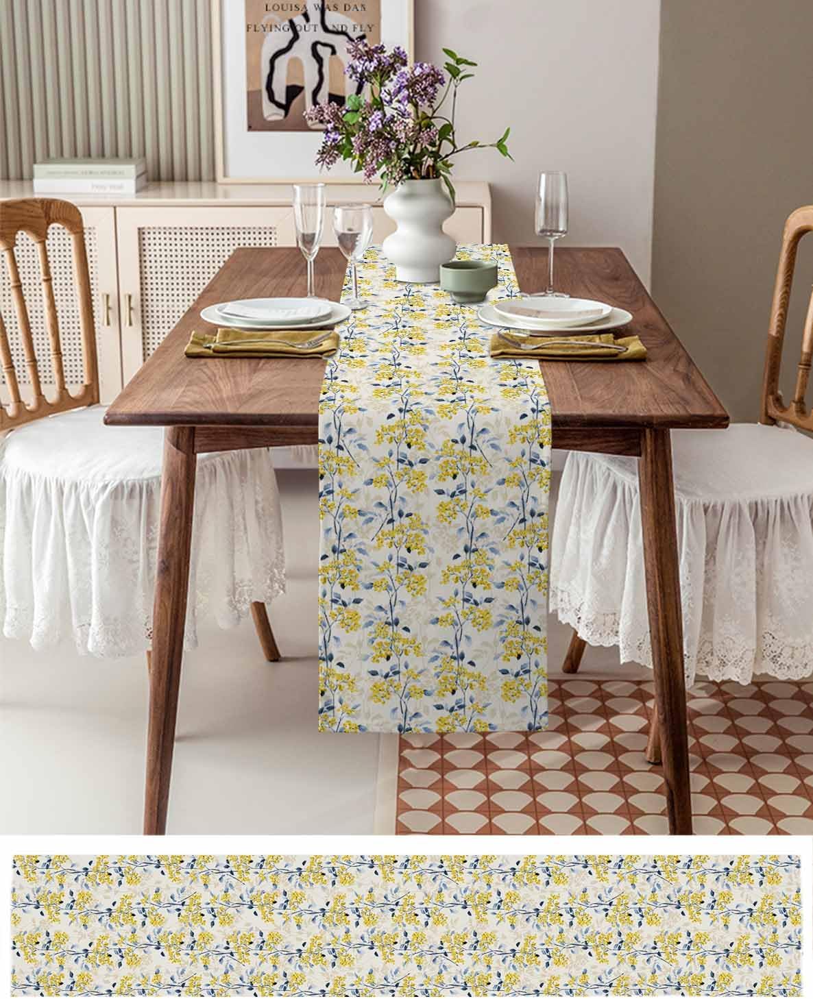 Summer Flower Table Runner 36 Inches Long for Dining Table, Yellow Blue Floral Farmhouse Table Runner Washable Botanical Coffee Table Runners Dresser Scarf for Kitchen Party Holiday