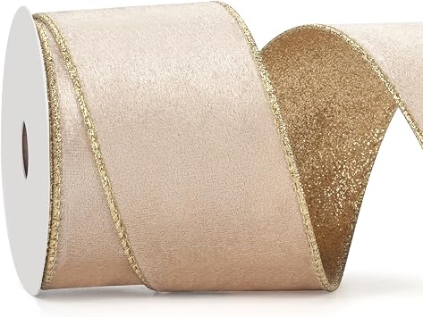 Champagne Wired Velvet Ribbon, Christmas Ribbon Wired 2.5 inch Wide, 10 Yards Champagne Gold Velvet Ribbons for Christmas Tree Decoration, Gift Wrapping, Topper Bows, Wreaths, Garland, Crafts, Holiday