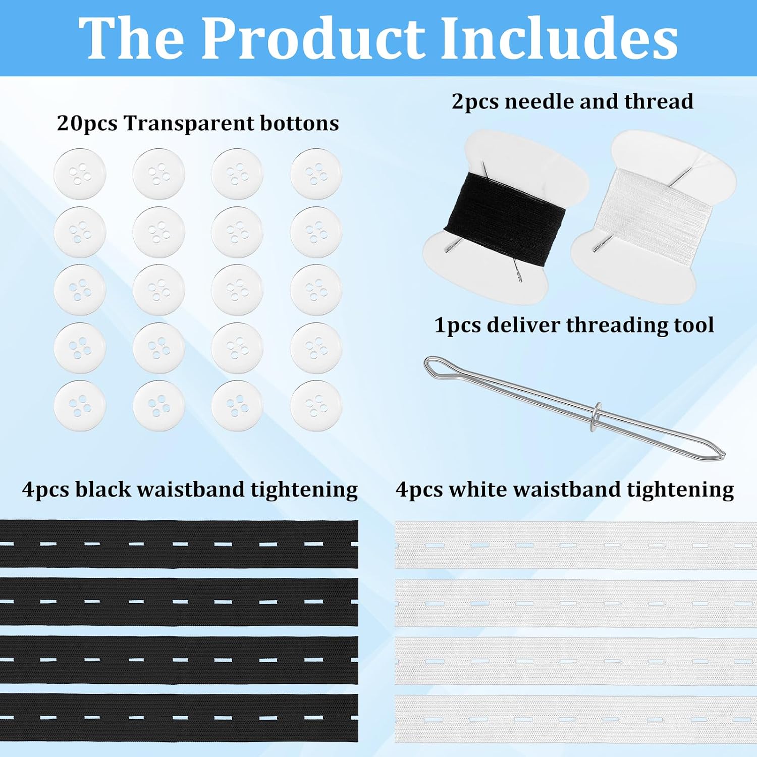 8 Pcs Waistband Tightener，8 Adjustable Elastic Pant Waist Tightener for Pants Women with 16 Clear Buttons, Needles and Thread, Waists Adjuster for Pants, Skirts, Extender Maternity