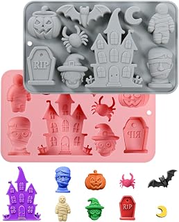 Halloween Silicone Molds 2 Packs Candy Gummy Chocolate Molds of 18 Cavity With Castle Skull Pumpkin Ghost Witch Hat Bat Spider Tombstone Shapes for Baking Jelly Dessert Soap Candle Clay Resin