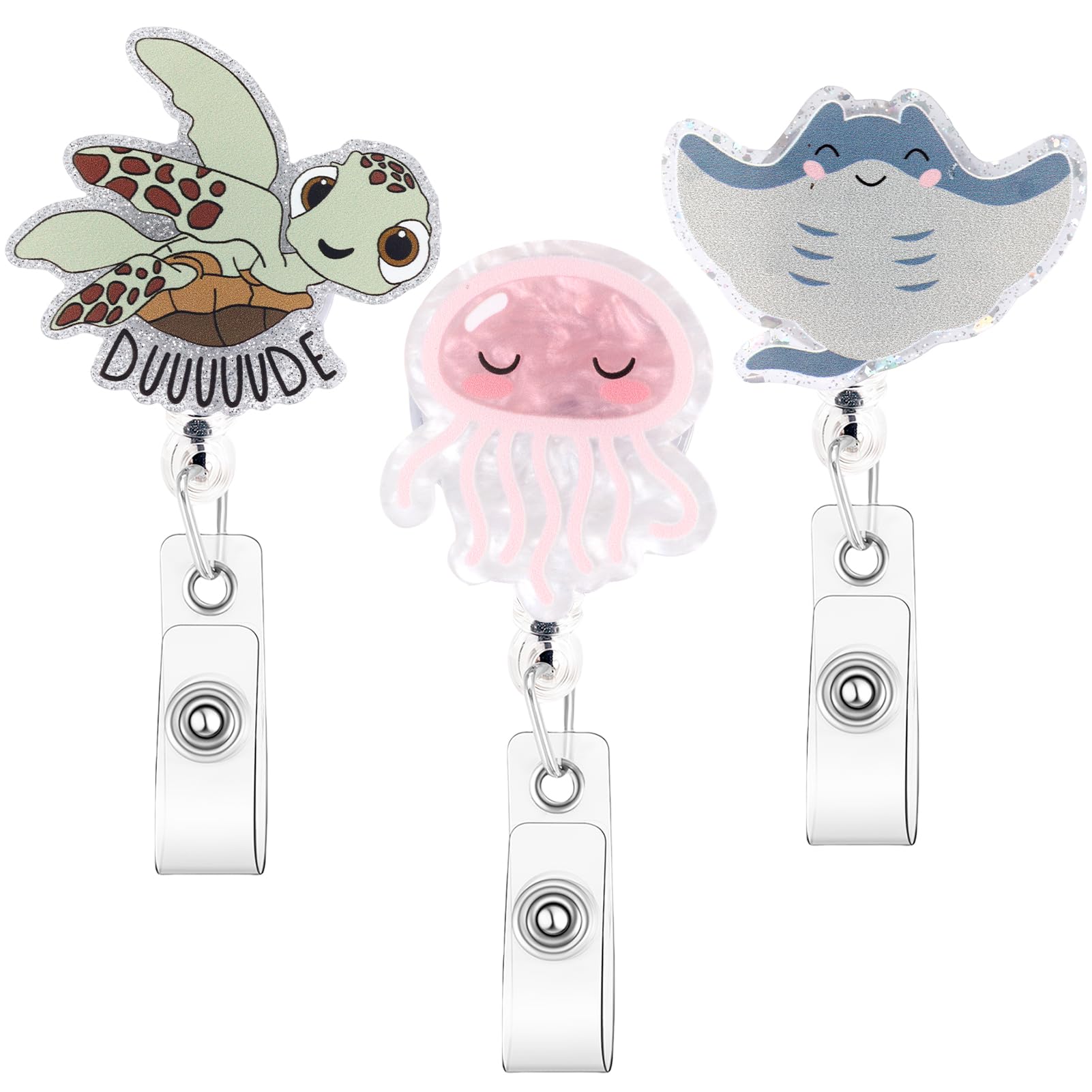 Zkptops 3Pcs Funny Badge Reel Cute Nurse Turtle Jellyfish Stingray Badge Reel with Retractable Alligator Clip Badges Holder Buddy for Nurses Doctors ID Card Decor Acrylic Badges Accessories for Gifts — image 1