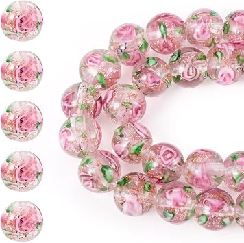 Cheriswelry 40Pcs/Strand 10mm Gold Sand Lampwork Bead Handmade Glass Round Flower Loose Beads for DIY Necklace Bracelet Earring Jewelry Making Party Wedding Decoration Pearl Pink
