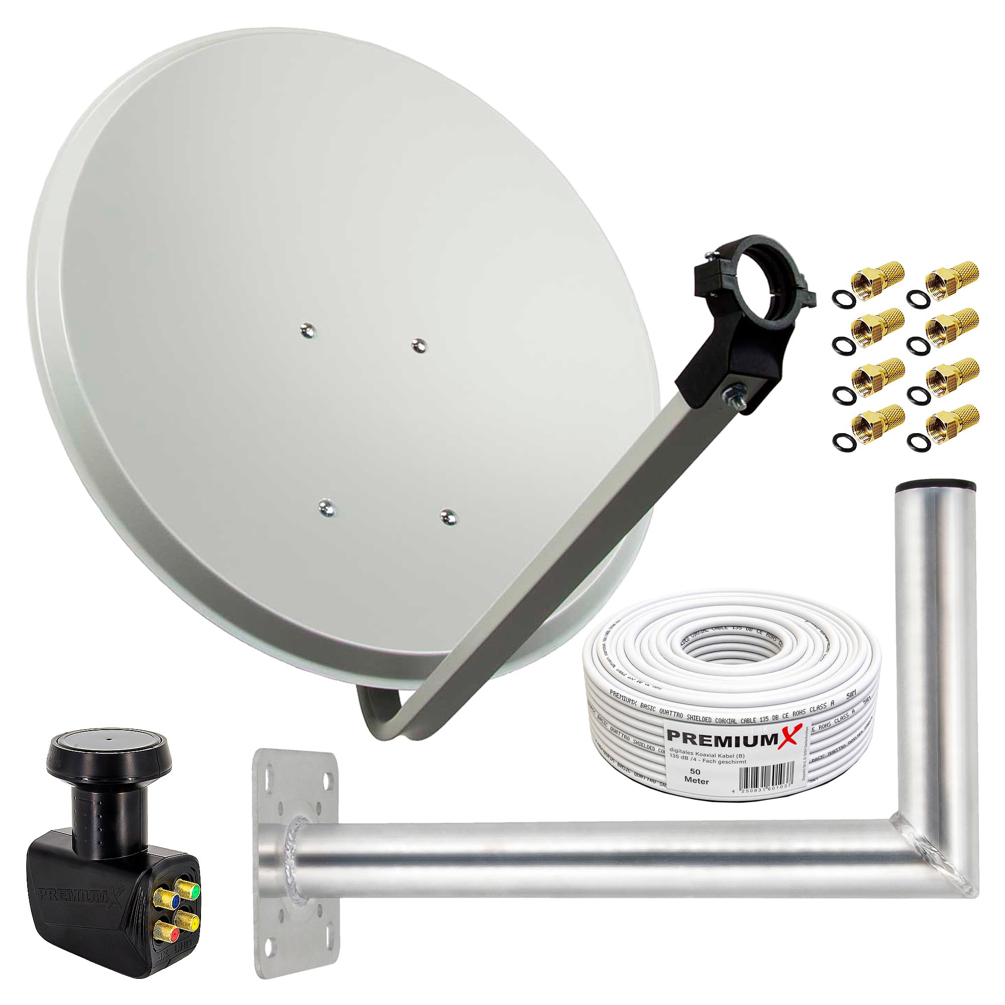 Premium X Satelliten-Komplettanlage 80cm Satellitenschüssel Aluminium Quad LNB Kabel 50m Wandhalter 45cm, SAT bis 4 Teilnehmer