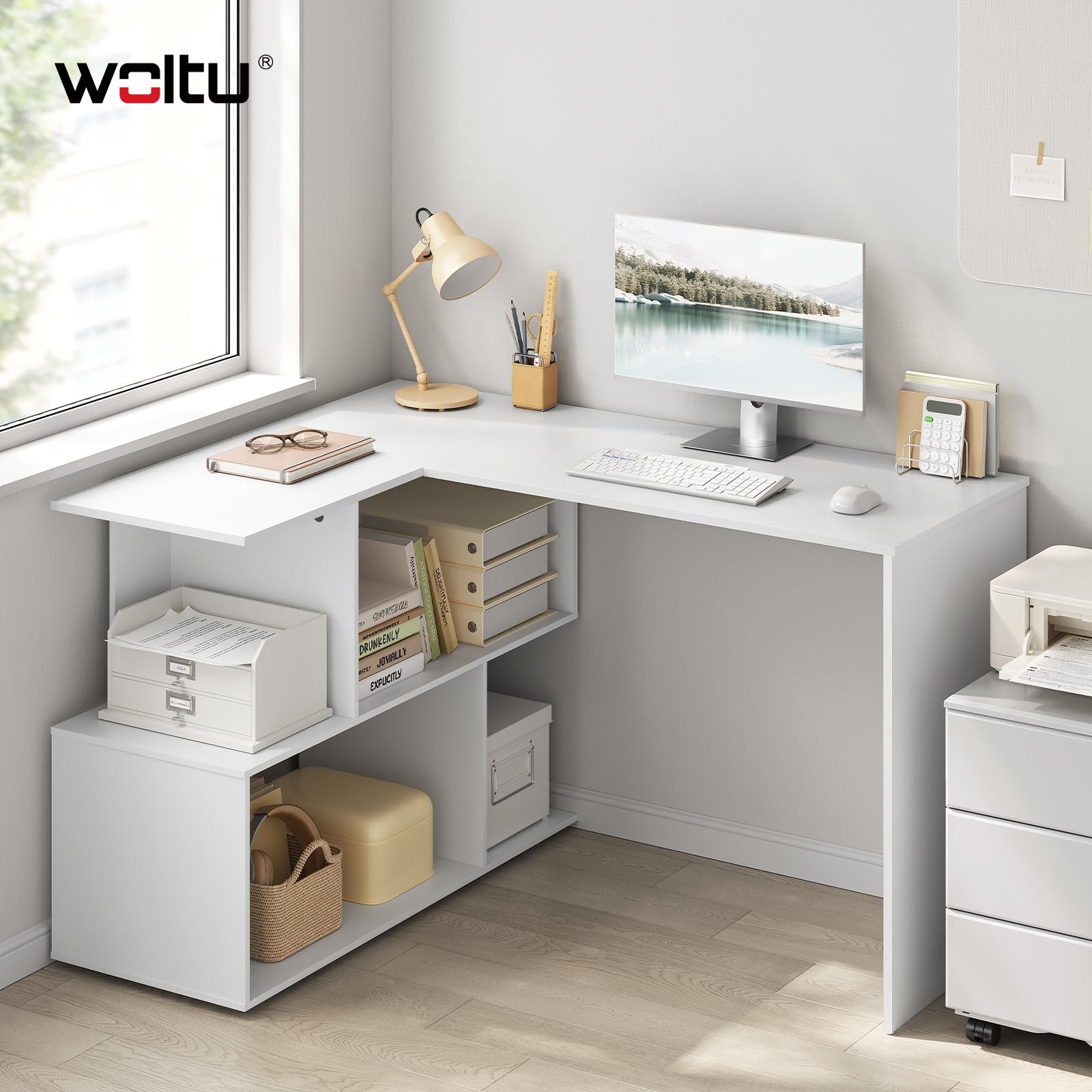 WOLTU Escritorio en Forma L, Mesa Esquinera Escritorio, Blanco | Con Estantes Abiertos, 120x100x75 cm, para Estudio, Oficina en Casa, Gaming y Trabajo