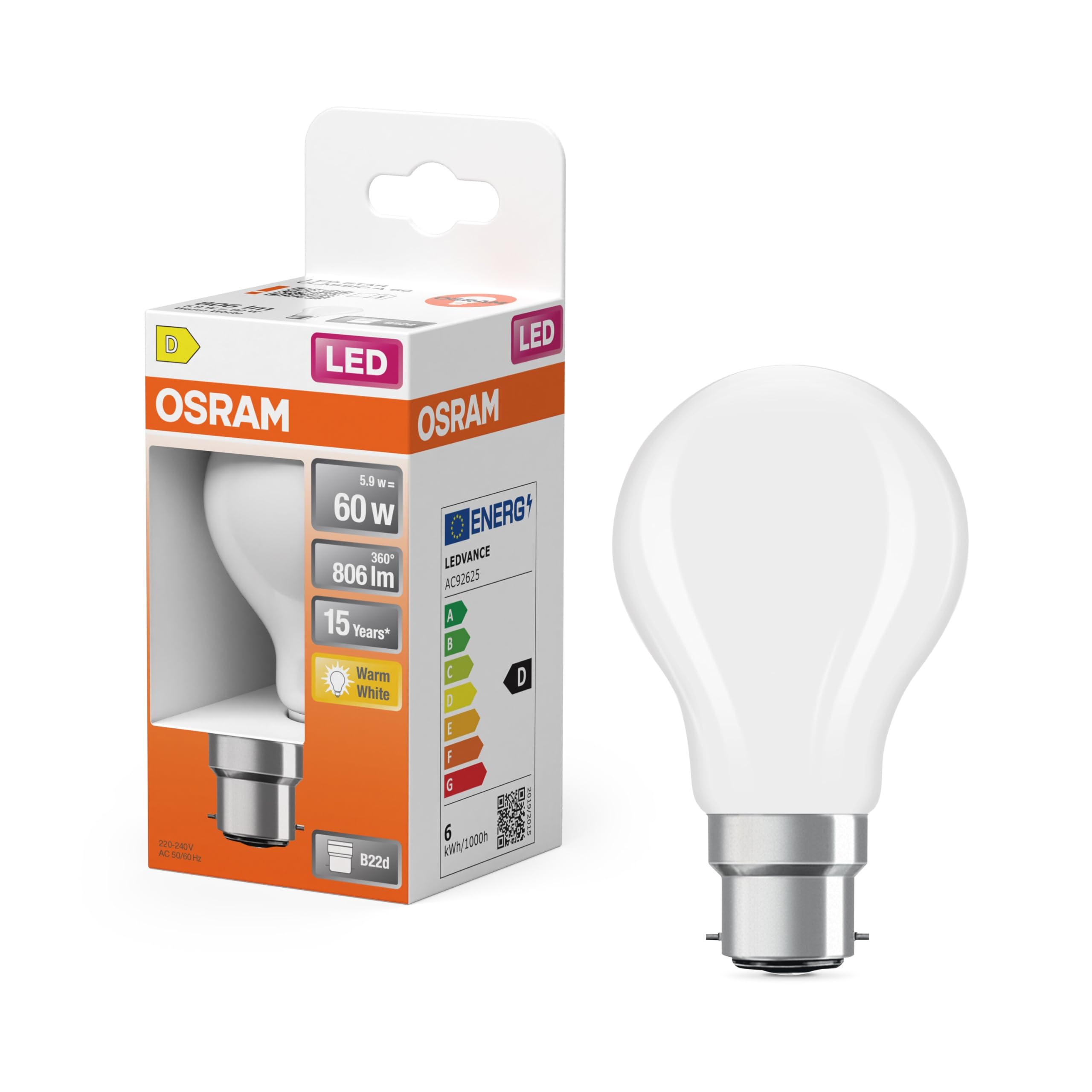 OSRAM Lámpara LED Bombilla estrella forma A 60 filamento 5,9 W Mate B22d | LED Star Classic A 60 Filament, LED Lamps, blanco, 60 mm dia, 15000 h, Paquete de 6