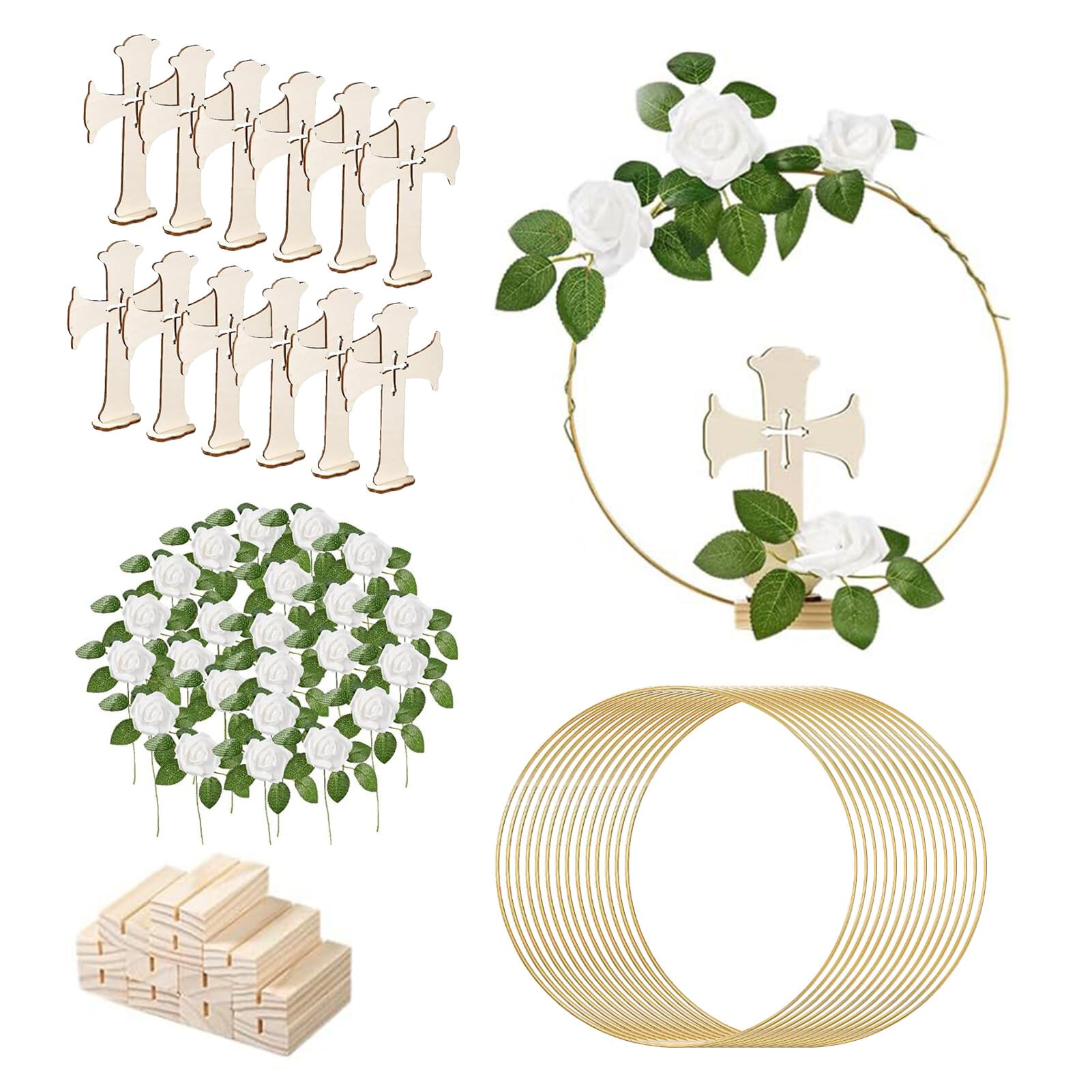 60 piezas de decoración de mesa de aro floral con 12 soportes de madera, 24 rosas de seda, 12 aros dorados y 12 cruces de madera, corona de metal, manualidades para mesa, bautizo, decoración de boda