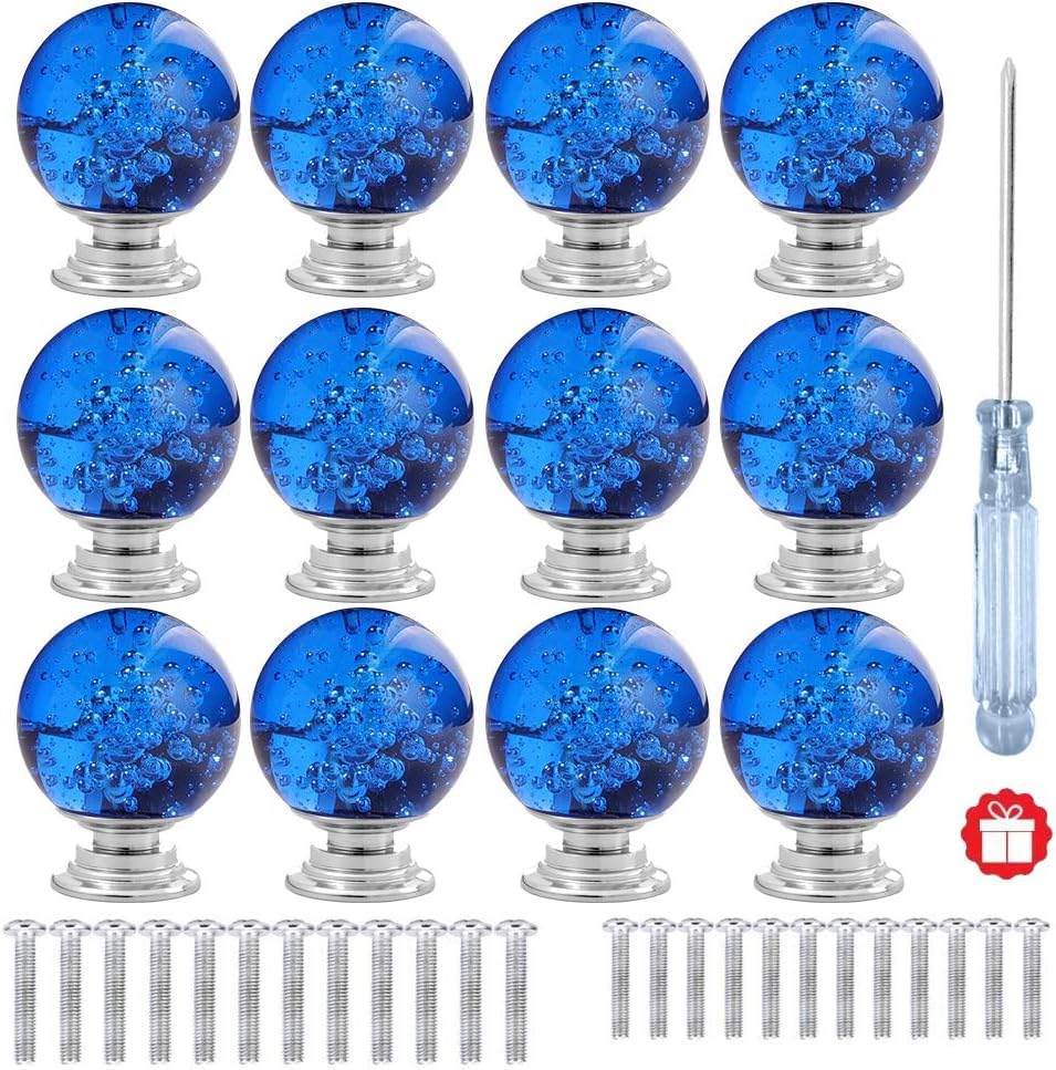 ANJUU 12 Pcs 30mm Round Shape Bubble Crystal Glass Cabinet Knobs with Screws Drawer Knob Pull Handle Used for Kitchen, Dresser, Door, Cupboard (Dark Blue) โ image 1