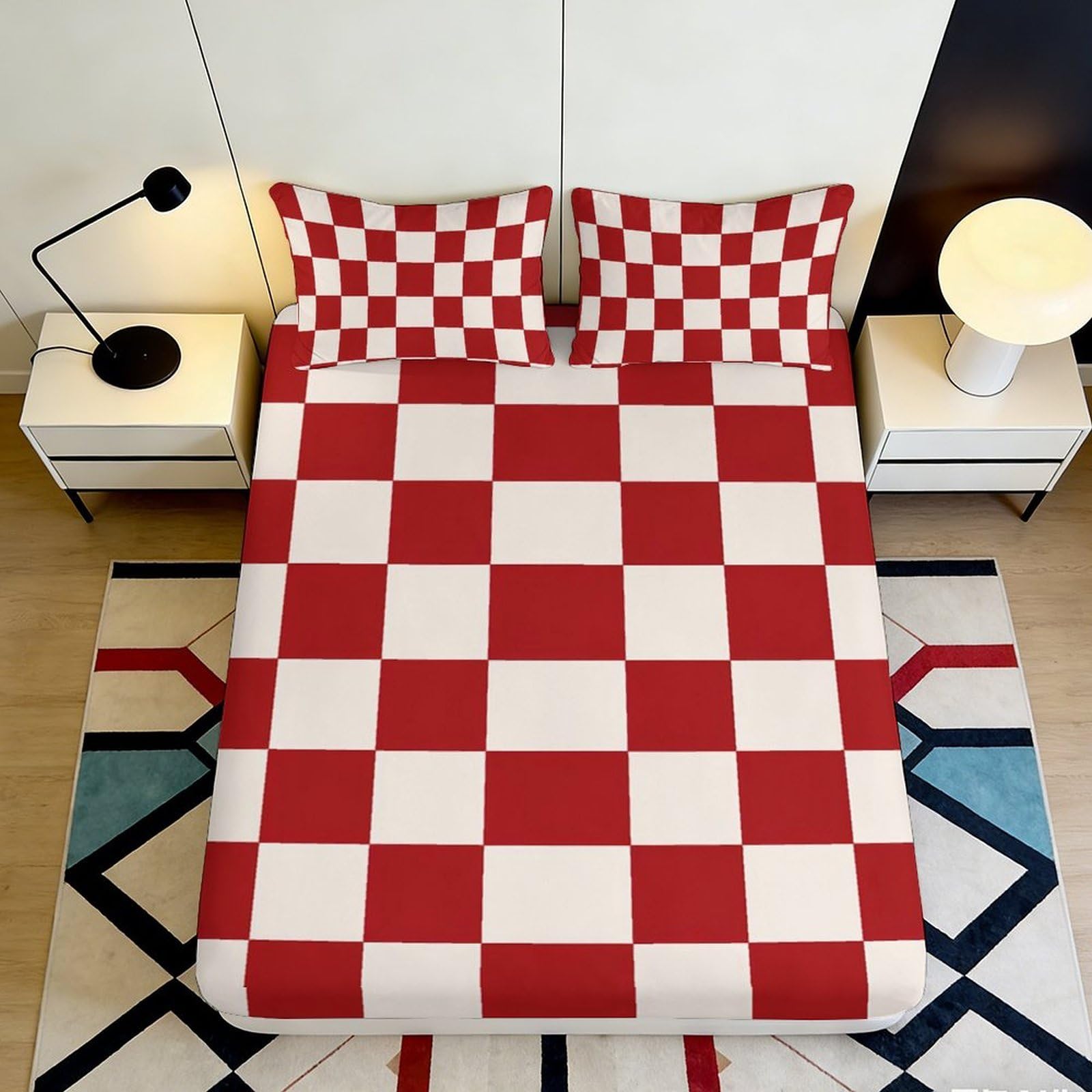 3D Printed Red Checkerboard Fitted Sheet Microfiber Non-slip Bed Cover Bedroom Decor Machine Washable 90x200x25cm