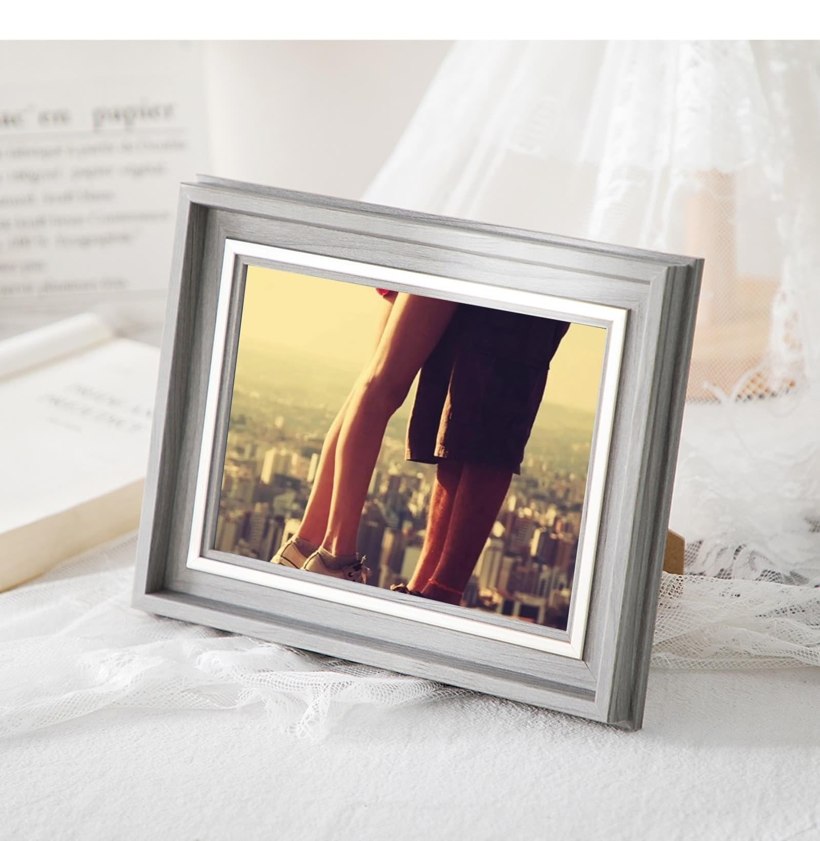 Cadre photo rectangulaire en MDF et acrylique - 15,24 x 20,32 cm - Pour table - Affichage horizontal et vertical - Gris argenté