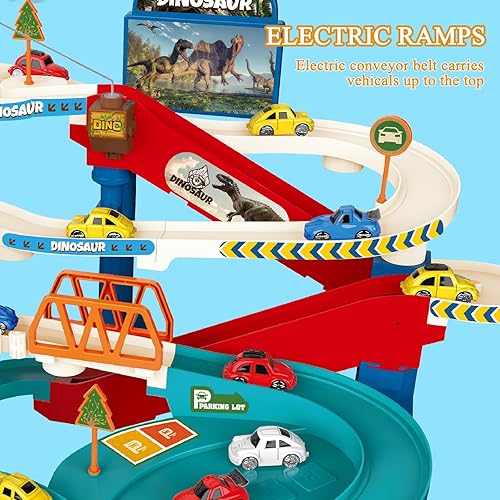 Miniatura 5 de Pista de carreras para niños, juego de pista de dinosaurios, juguete educativo, rampa, regalos preescolares para niños de 3, 4, 5 años, con 4 mini