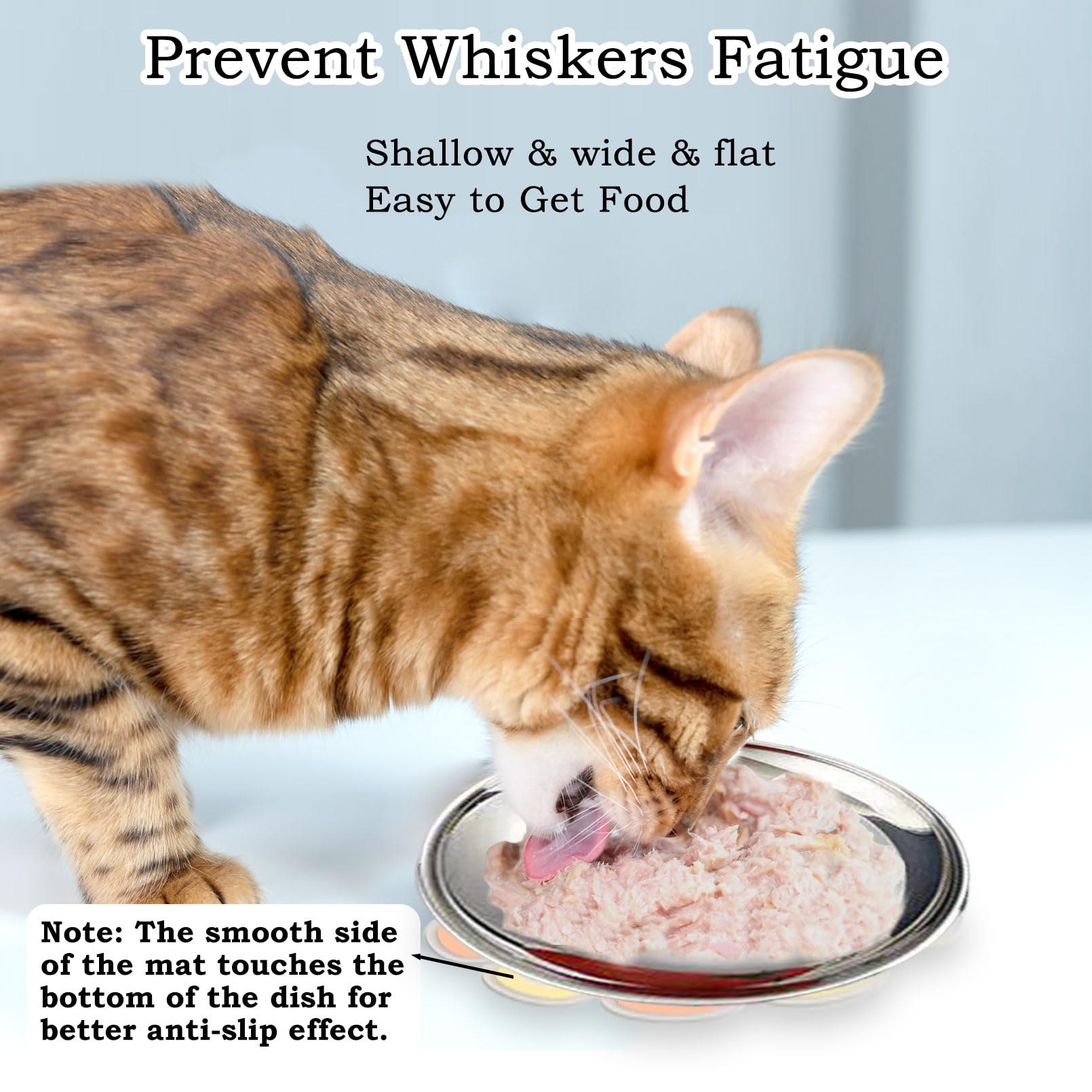 Wallspet Stainless Steel Cat Dishes Whisker Fatigue Shallow Bowl Food Dishes Cat Wet Food Plate with Non-Slip Mats (6.7 Inch, 4 Sets)