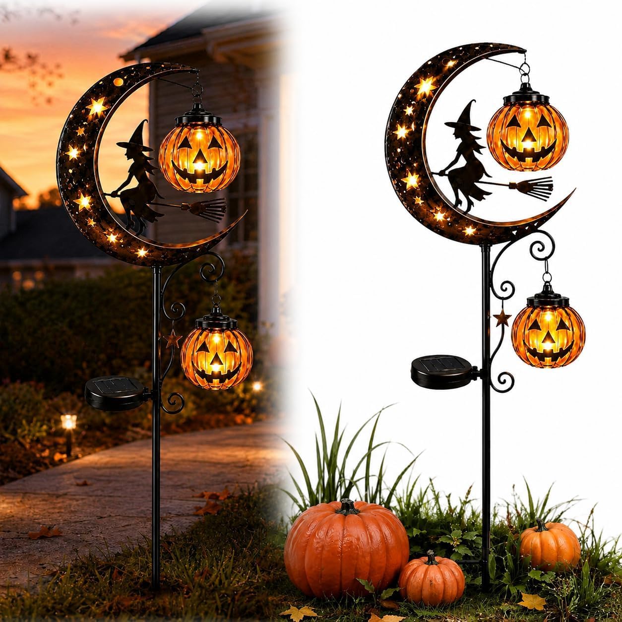 CliffofLove Solar Halloween Black Cat & Pumpkin Moon Garden Stake Light, Hanging Waterproof Outdoor Solar Halloween Garden Decoration with Black Cat, Lights for Patio, Yard, Lawn, Pathway (#G)