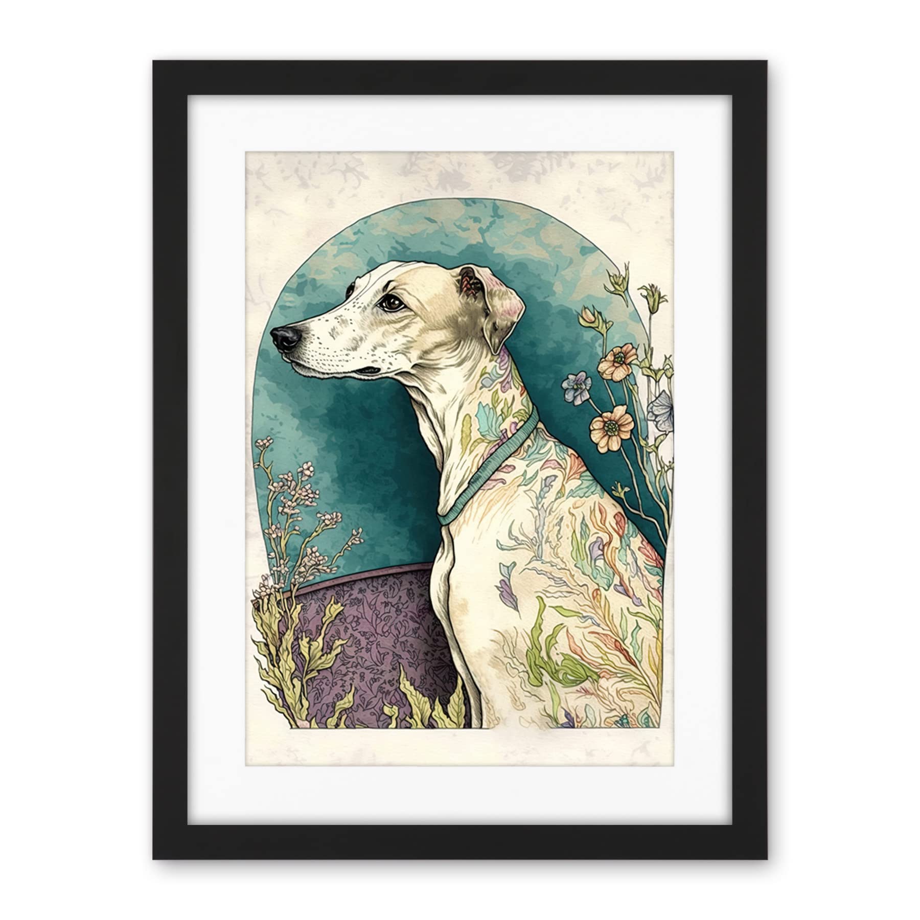 Artery8 Whippet Dog with Flowers Modern Multicoloured Watercolour Illustration Artwork Framed Wall Art Print 18X24 Inch