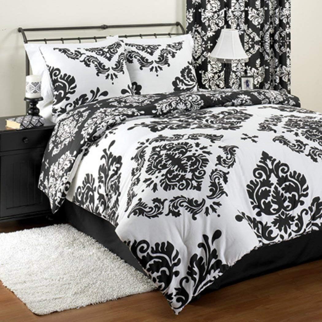 Black & White Damask Reversible King Size Comforter & Shams Set