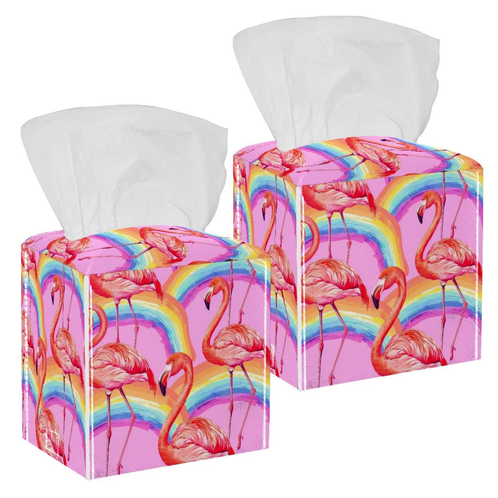 Flamingo Tissue Box Cover, 2 Pack PU Leather Square Facial Tissue Dispenser Box holder for Home Office Car