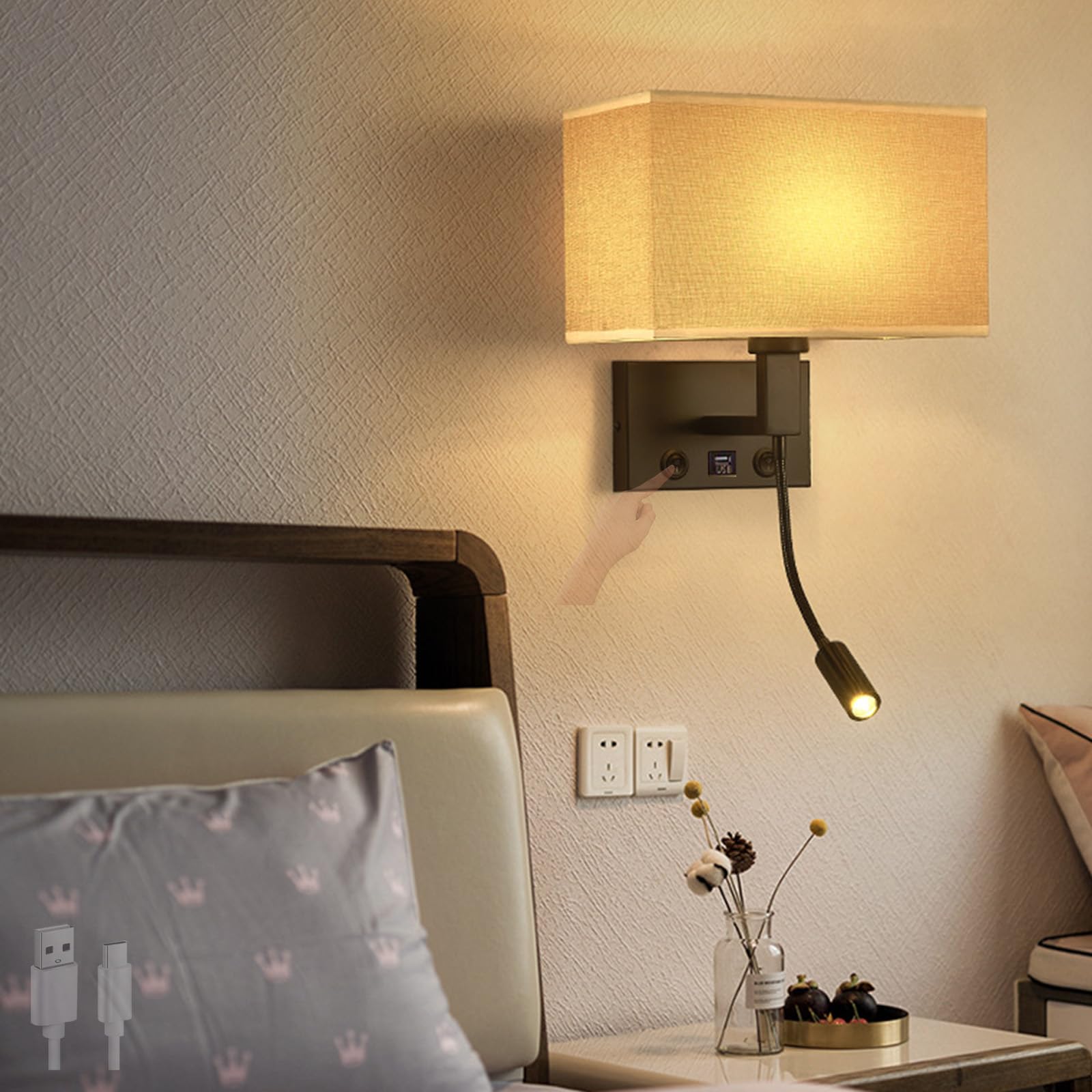 Vintage żelazne kinkiety ścienne LED do wnętrz z przełącznikiem USB port ładowania lampa ścienna kreatywny klosz z tkaniny dekoracja szafki nocnej do czytania w salonie