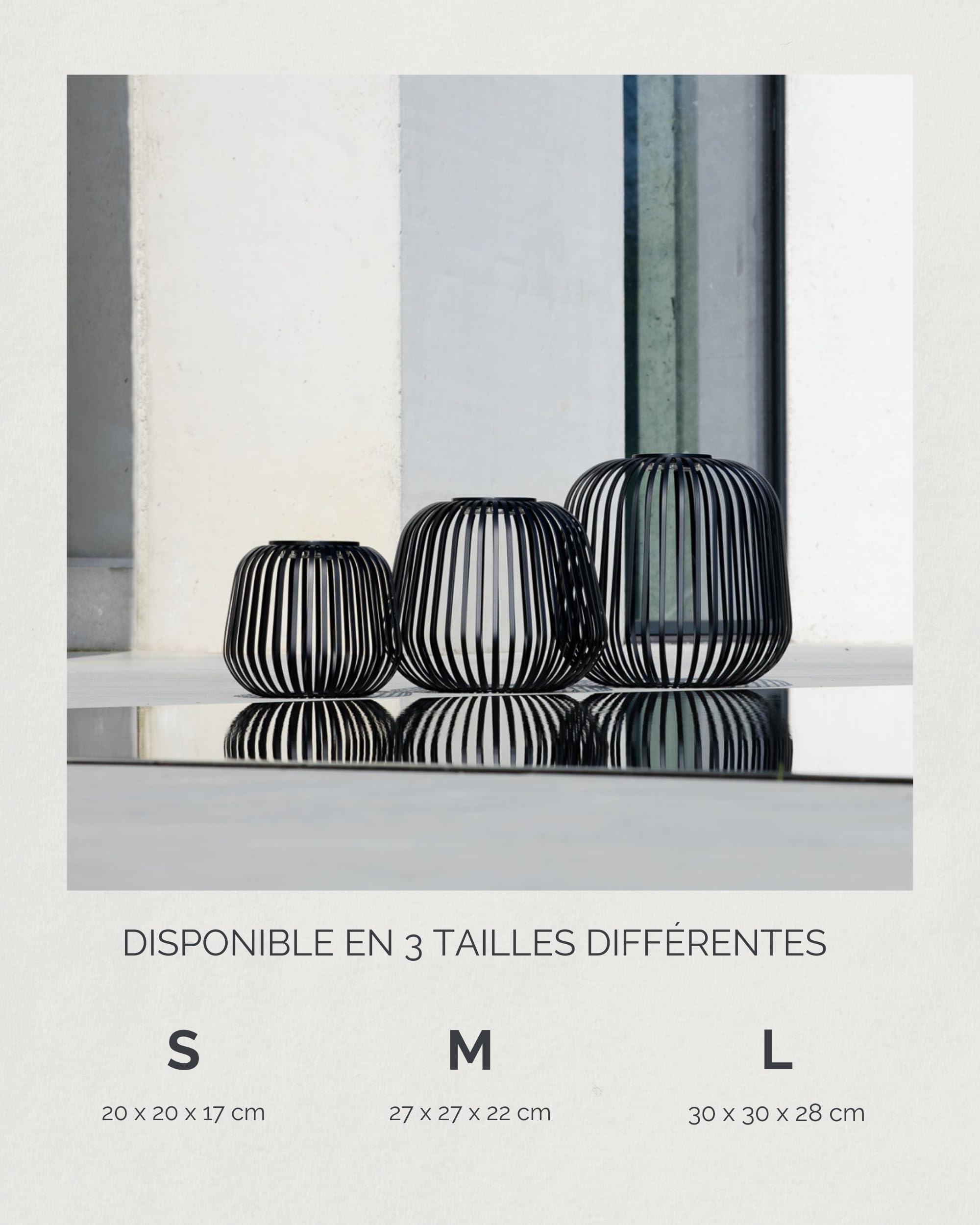 LUUK Studio Lanterne Solaire Noir, Rechargeable Lampe de Terrasse, sans fil étanchéité IP65 pour usage intérieur et extérieur, Decoration jardin, Eclairage Balcon, Patio, Lumière d’ambiance dimmable