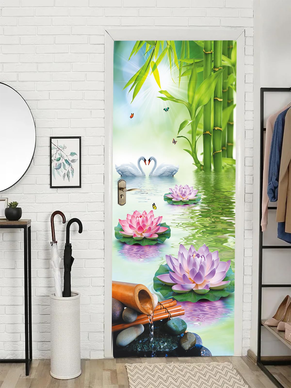 Flfk Mt1121 3D Door Sticker Peel And Stick 77X200cm- Self-Adhesive Door Wall Murals Poster Wallpaper Decals Pink Lotus Bamboo For Home Decor(2Pcs/Set)