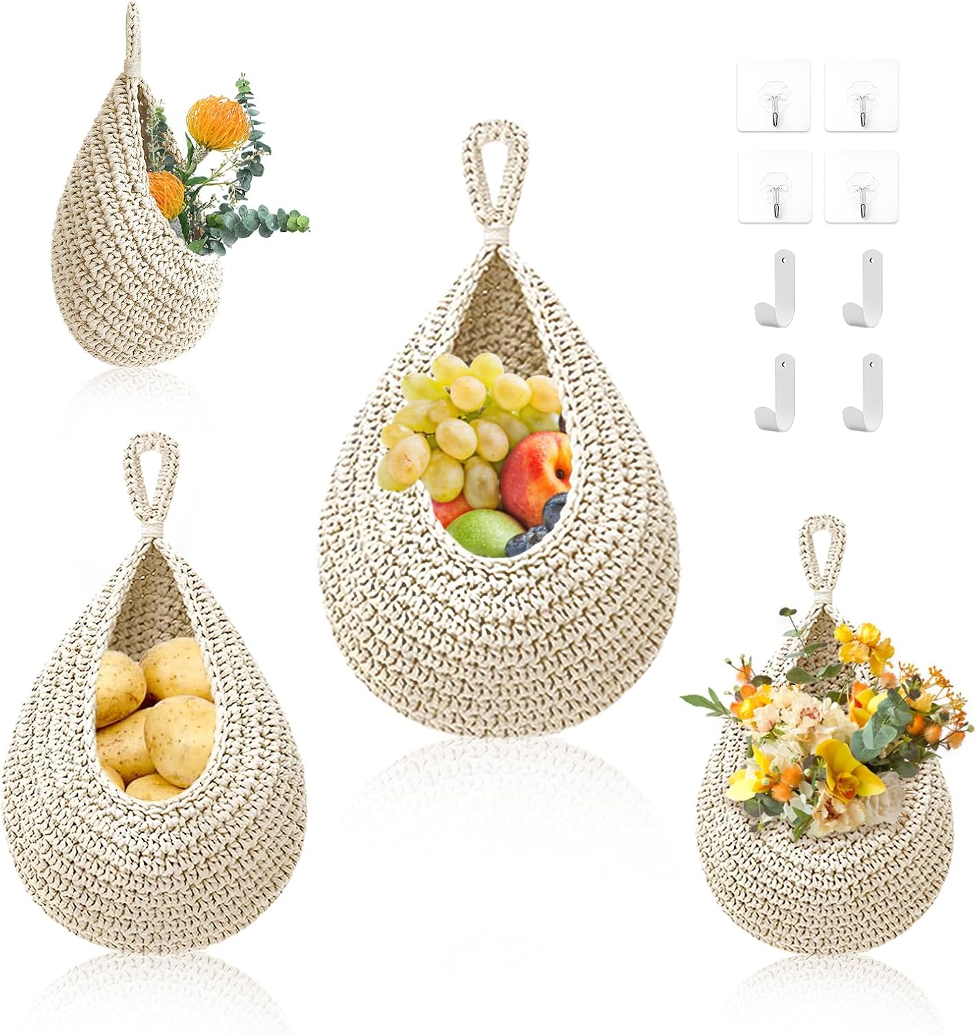 4 Pack Hanging Kitchen Fruit Baskets Wall Hanging Basket with 8 Sturdy Hooks