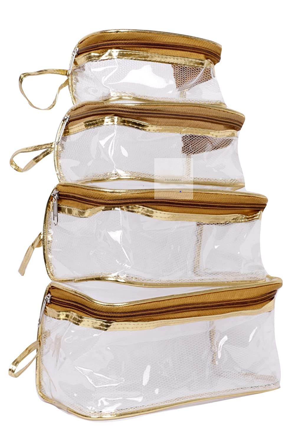 STACKRAID Set of 4 Multipurpose Transparent Travel Pouch Makeup Toiletry Kit Bag Pouch for Women Makeup Organizer Bag Vanity, Shaving Kit Toiletry Bag for Men -(White Checks -2) (Gold Plan)-image-41