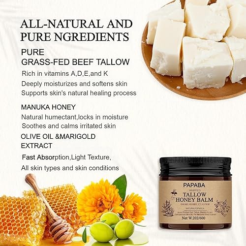 Miniatura 3 de Sebo de ternera batido y bálsamo de miel con sebo de res alimentado con pasto, miel de manuka, aceite de oliva orgánico natural hidratante facial