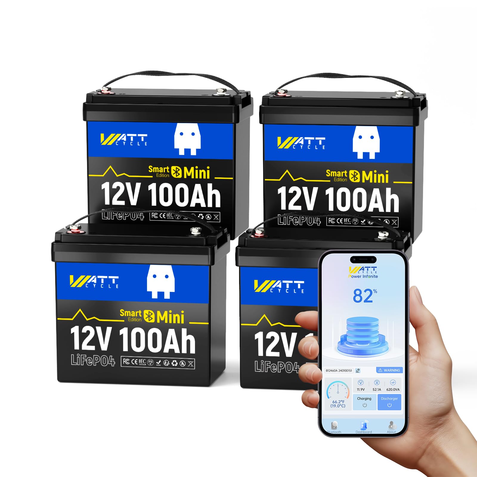 WattCycle 12V 100Ah LiFePO4 Lithium Battery with Bluetooth BCI Group 24 12V Mini Batterys 100A Smart BMS Support Monitoring Battery via Phone Bluetooth 15000 deep Cycles Marine Trolling Motor RV