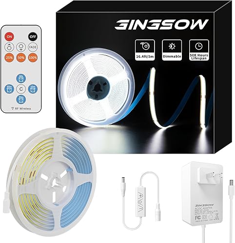 Tira LED COB de 16.4 pies, 2400 LED, blanco frío, 6000 K, CRI90+, luces LED flexibles superbrillantes, regulables, 12 V, luz de cinta con atenuador