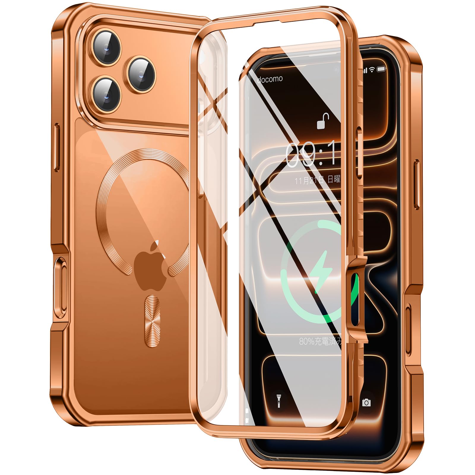 【両面保護・MagSafe対応】FONKCASE iPhone17 Pro Max 用 ケース【本体の色・CDリング】メッキバンパー (オレンジ)