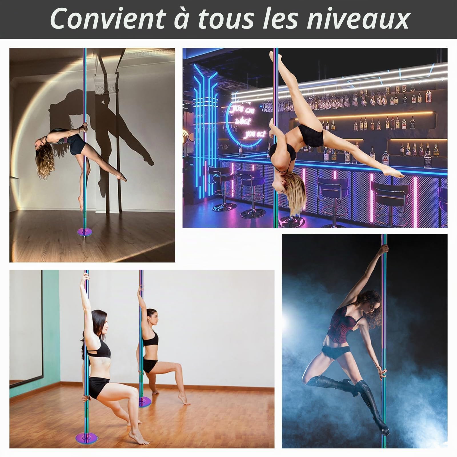 PRIOR FITNESS Barre de danse de pole dance 45 mm - Hauteur réglable de 2,35 à 2,74 m - 2 modes : rotatif/statique - Charge maximale : 200 kg - Pour club, fête