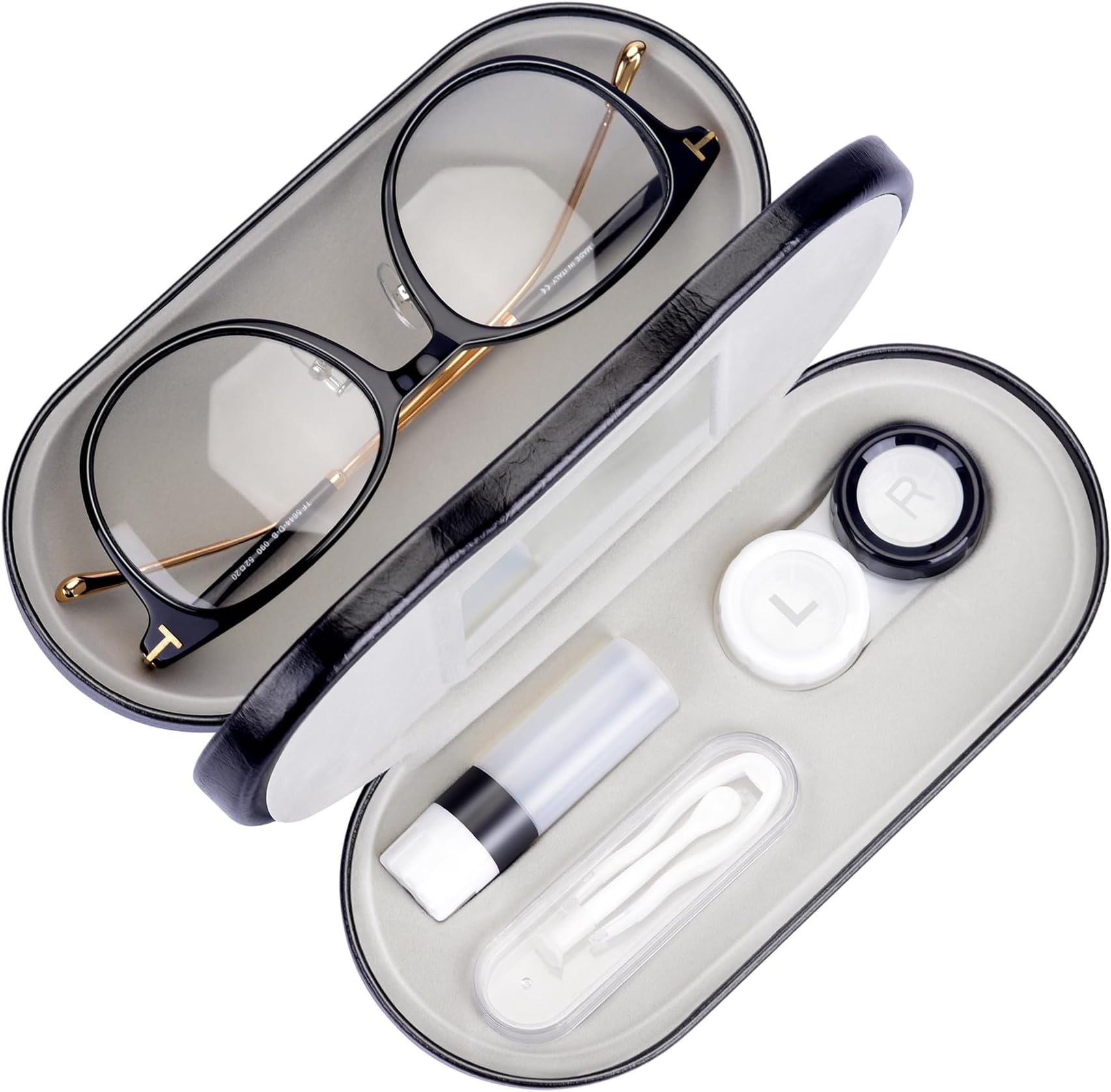 Muf 2 in 1 Double Sided Portable Contact Lens Case and Glasses Case,Dual Use Design with Built-in Mirror, Tweezer and Contact Lens Solution Bottle Included for Travel Kit