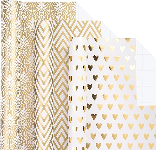 LeZakaa Rollo de papel de regalo dorado, mini rollo, patrones geométricos, floralcorazón para boda, despedida de soltera, cumpleaños, 17 x 120