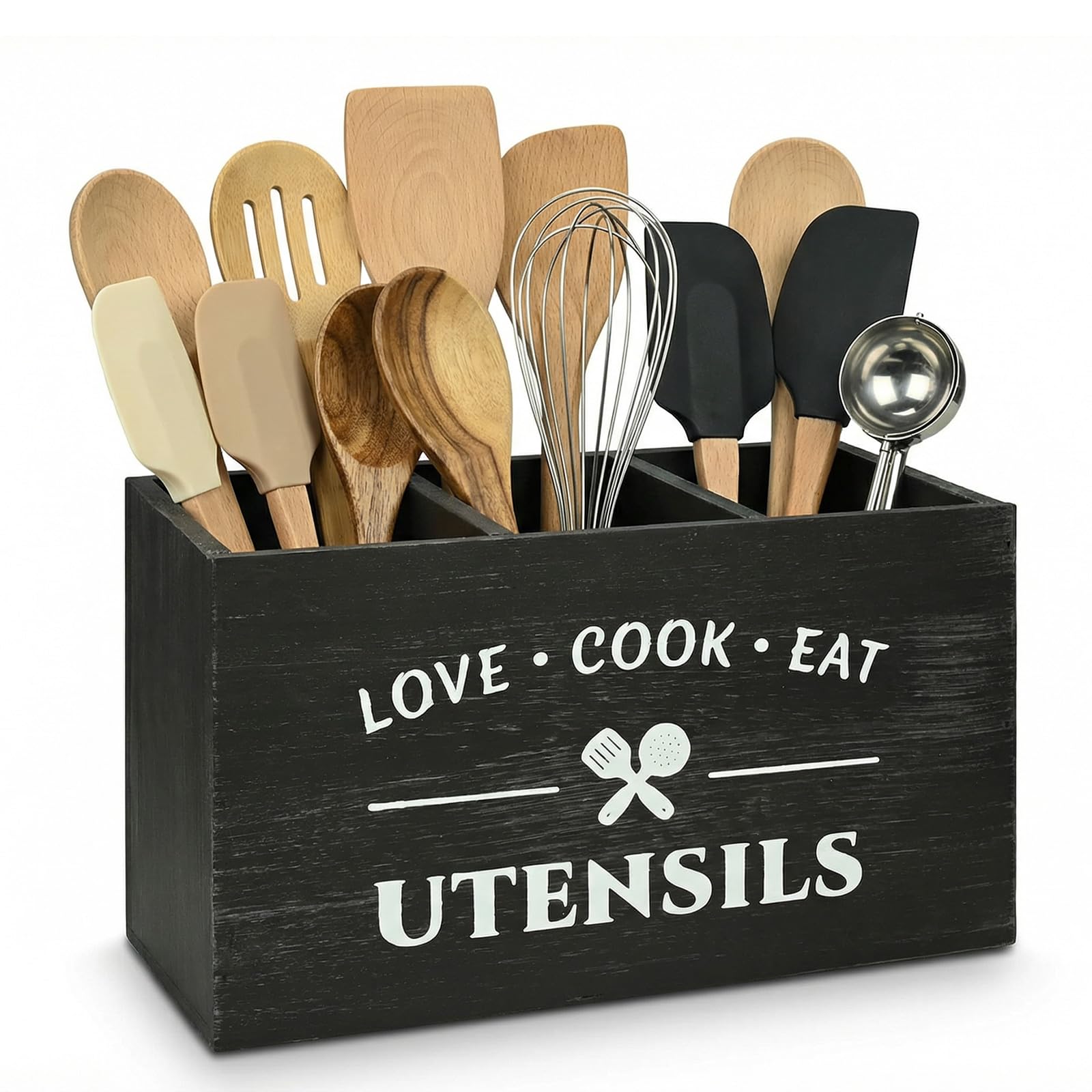 Kitchen Utensils Holder - Black Utensil Holder Cooking Utensil Organizer with 3 Compartment Drainage Bottom, Wooden Cutlery Storage Holder Farmhouse Cutlery Caddy, Cooking Tools Storage for Countertop