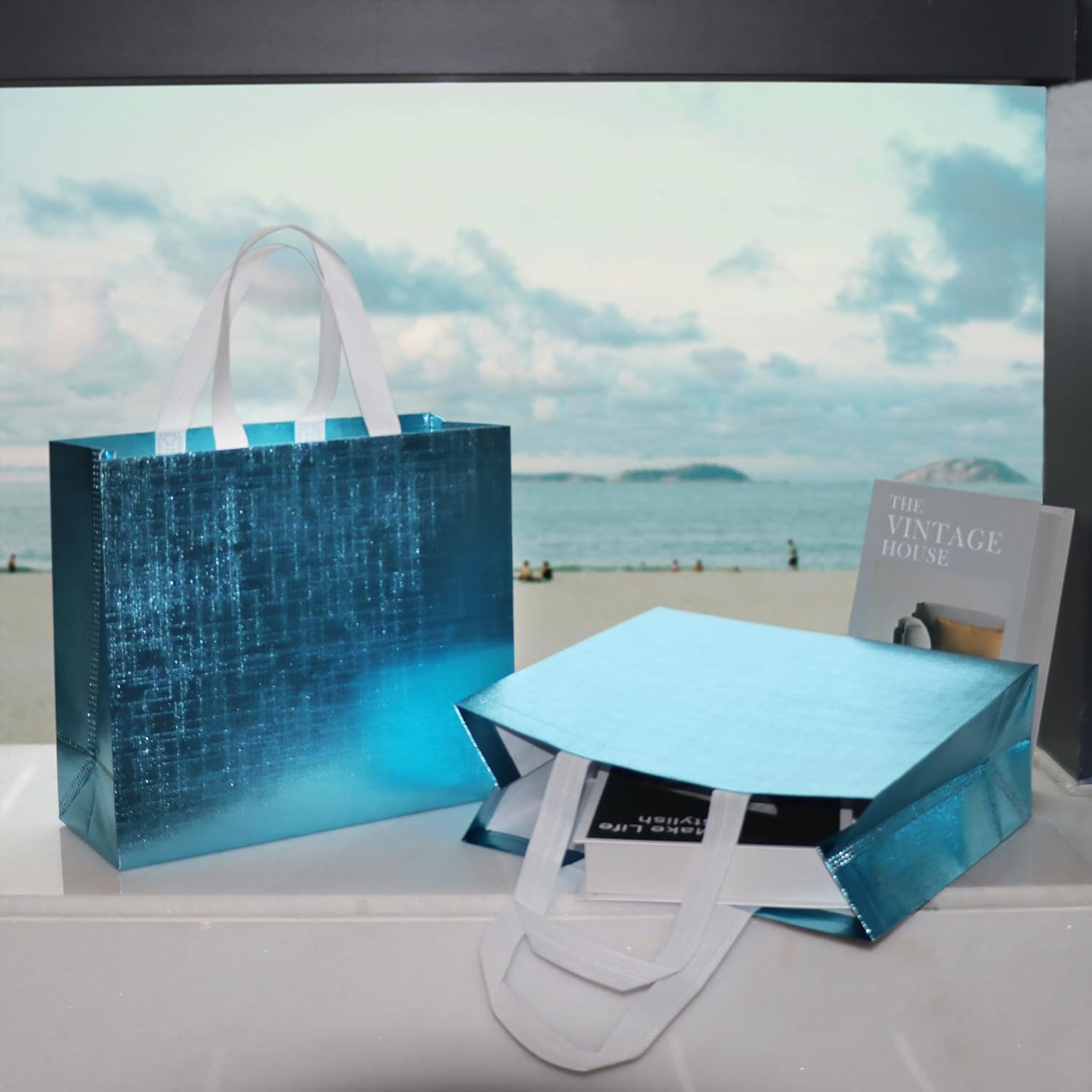 cabzymx 16 Pcs Blue Reusable Gift Bags, Metallic Bling Design Holiday Gift Bags with Handles & Bases, Non-woven Goodie Bag Bulk for Birthday, Wedding, Parties, Graduation- 12.6x4.7x11 In - Image 7