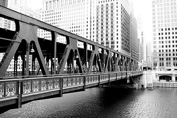 Wells Street Bridge Over Chicago River Black and White Photo Photograph Cool Wall Art Print Poster 24x16