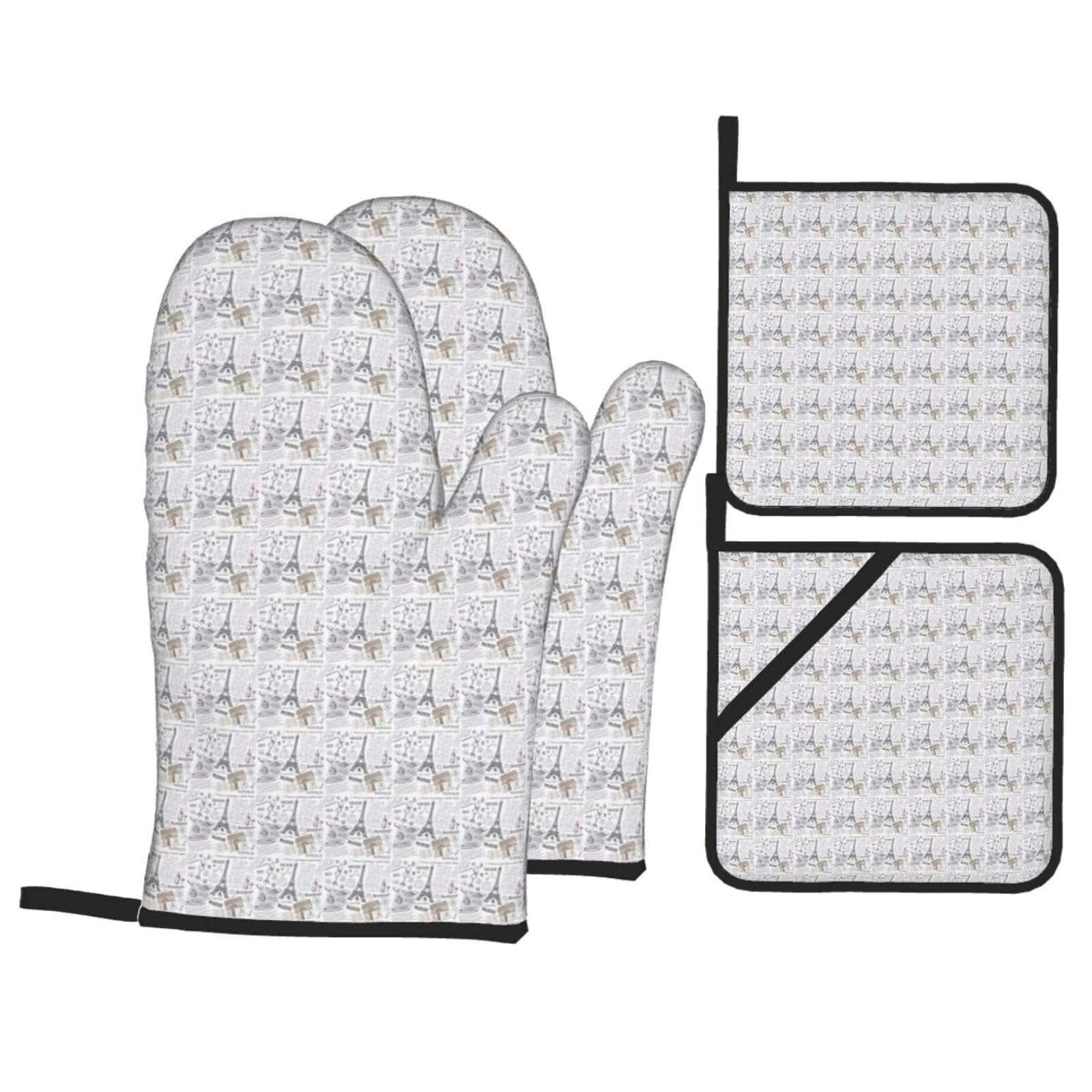 Parisian Coffee Eiffel Tower Print 4-Piece Heat-Resistant Oven Waterproof Kitchen Gloves Cooking Roasting Essential