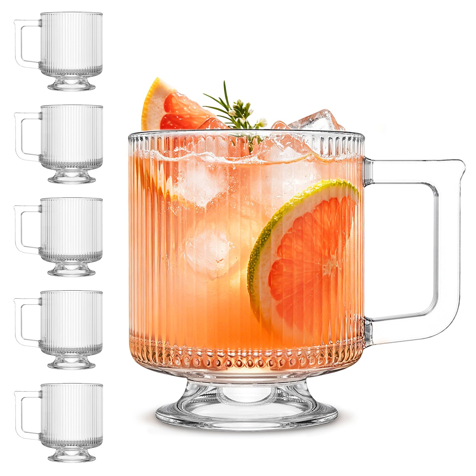 INSETLAN Glass Coffee Mug Set of 6, 295ml Coffee Mugs with Handle and Base, Ribbed Glass Coffee Mug, Clear Tea Cups, Perfect for Hot Drinks, Cappuccino,Latte,Tea,Desserts