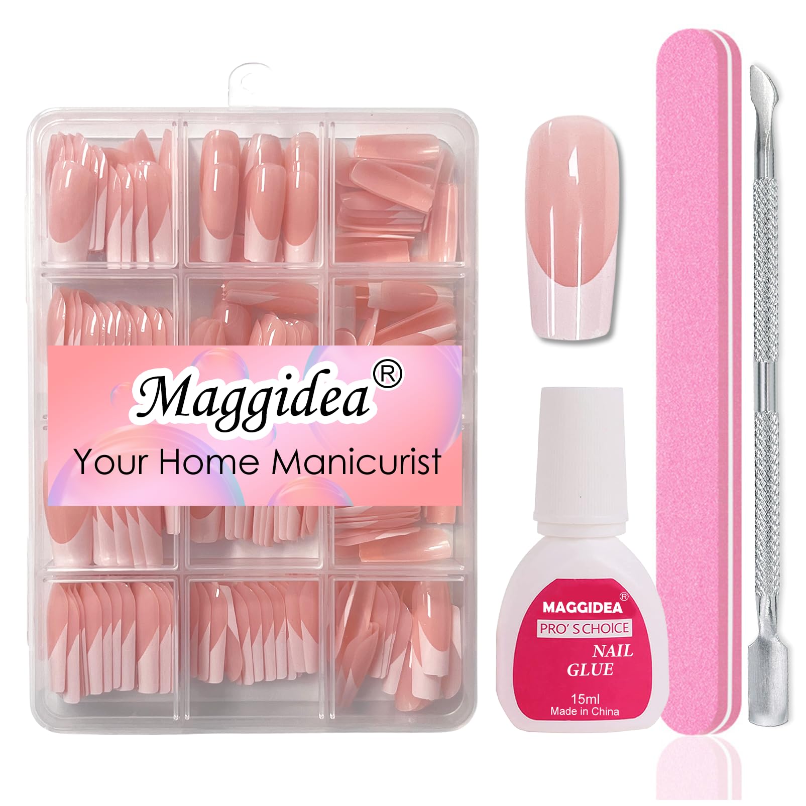 Long Square Press on Nails, 240Pcs French Tip False Nails with Glue, Glossy Full Cover Nude Acrylic Stick on Nails Set for Women, Ballerina Manicure Decorations