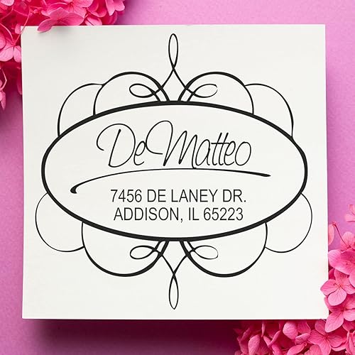 Scroll Phyllis Swash - Sello de dirección autoentintado, excelente regalo de boda, sello personalizado, sello ovalado, diseño ovalado, tamaño de
