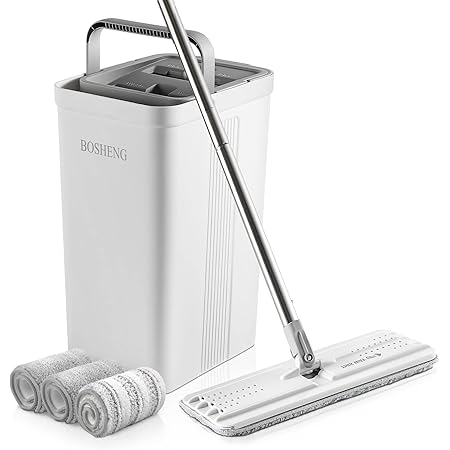 Lascpt Flat Mop & Bucket Set With Wringer - 3-Chamber Self-Cleaning Bucket, 4 Reusable Microfiber Pads, 360° Rotating Head