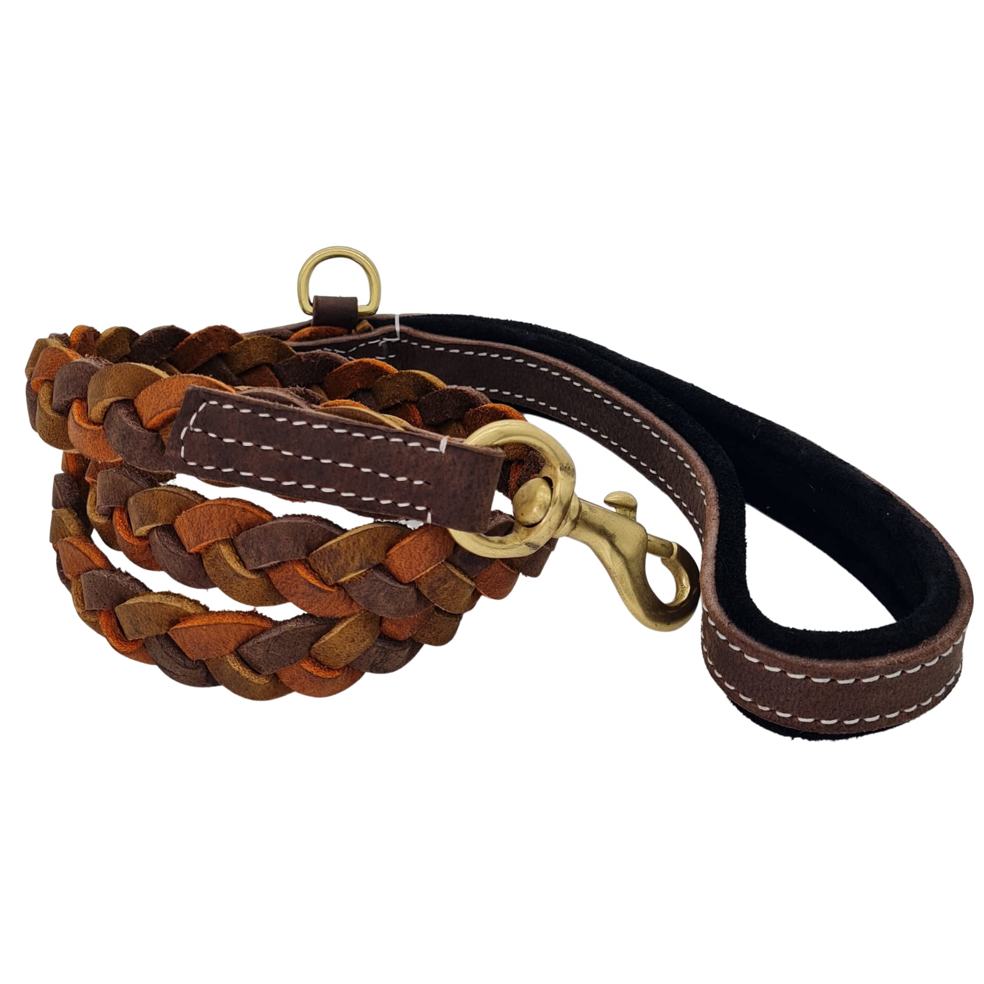 Blazing Paws Vibrania - Correa de perro de cuero envejecido de alta calidad con anillo lateral, trenzado completo, para perros activos y grandes (6 pies de largo x 1 pulgada de ancho, mezcla marrón)