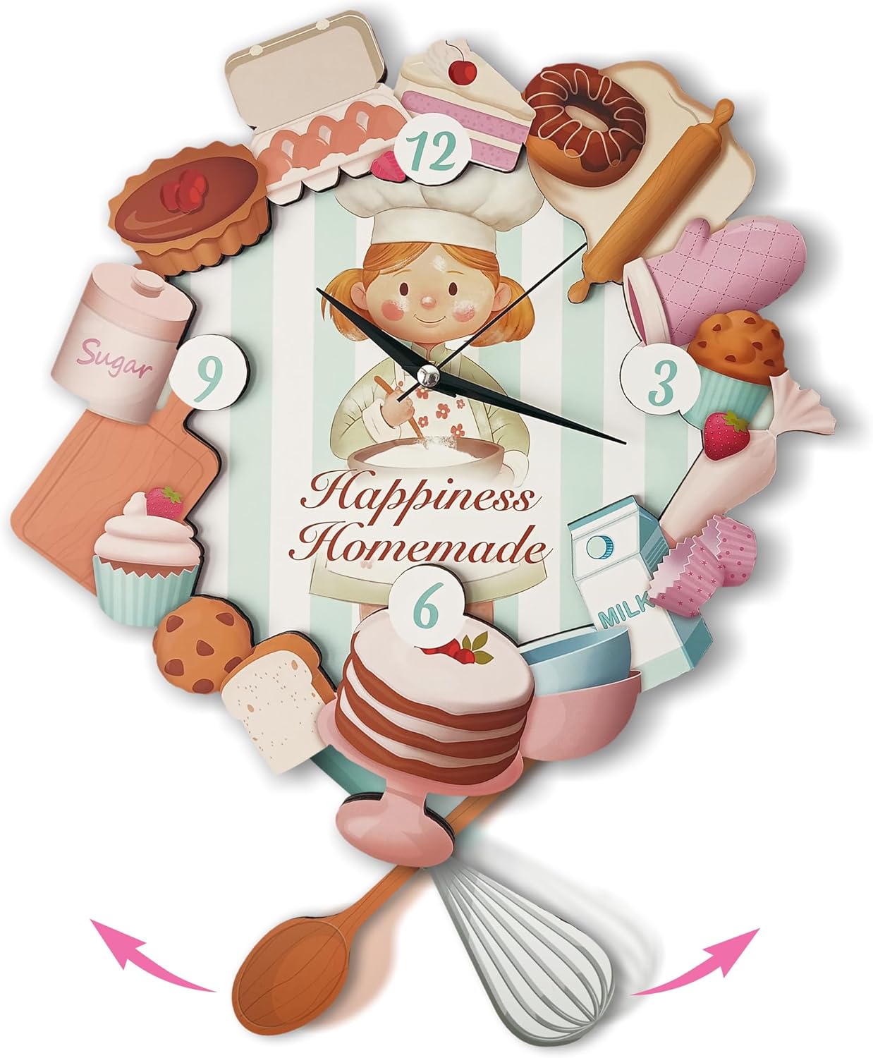 Kitchen Wall Clock, Baking Themed Swinging Wall Clock, Kitchen Décor with Spoon Whisk Pendulum, Gift for Bakers Decorative Cafe Decor