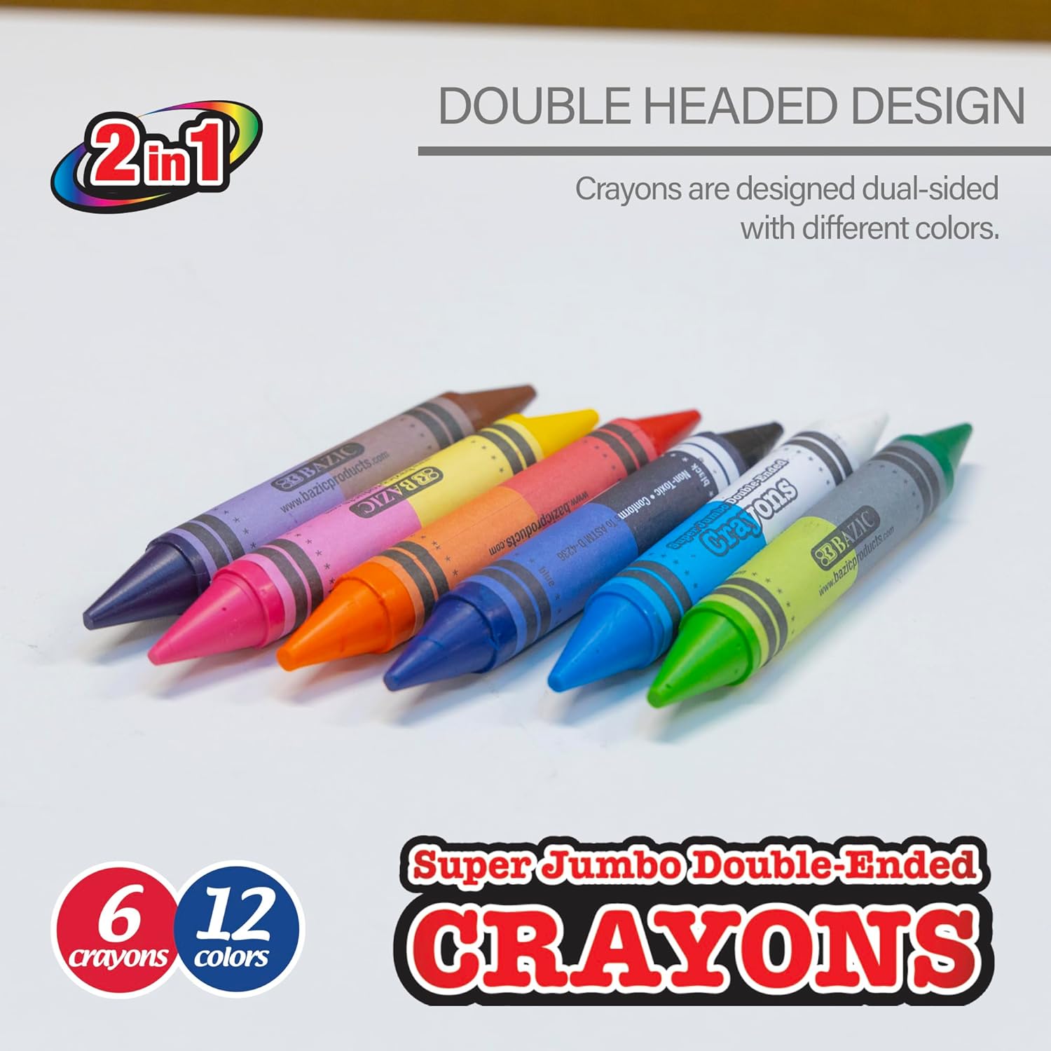 BAZIC PRODUCTS Dual Sided Super Jumbo Crayons Premium 12 Colors, Non Toxic Drawing Crayons, Gift for Student, 24-Pack