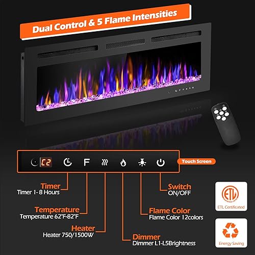 Vista 2 de 50" Electric Fireplace Wall Mounted and Recessed with Remote Control, 750/1500W Ultra-Thin Wall Fireplace Heater W/Timer Adjustable Flame Color and