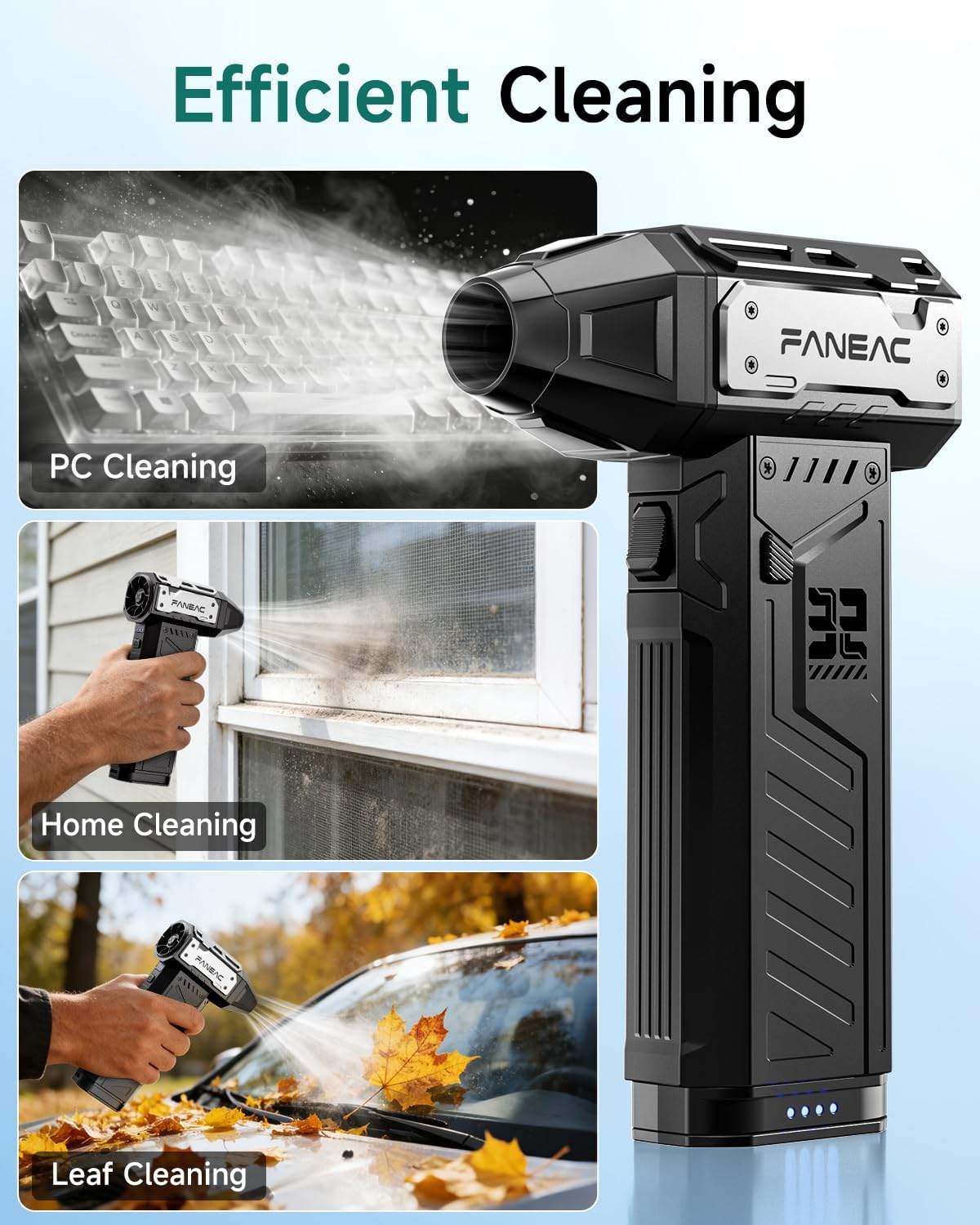 X305 Compressed Air Duster with Extra Removeable Battery, 3-Speed Adjustable & 4 Nozzles, Ultra-Powerful 32mm 150,000 RPM BLDC, for Keyboard, Computer, House Cleaning - Image 5