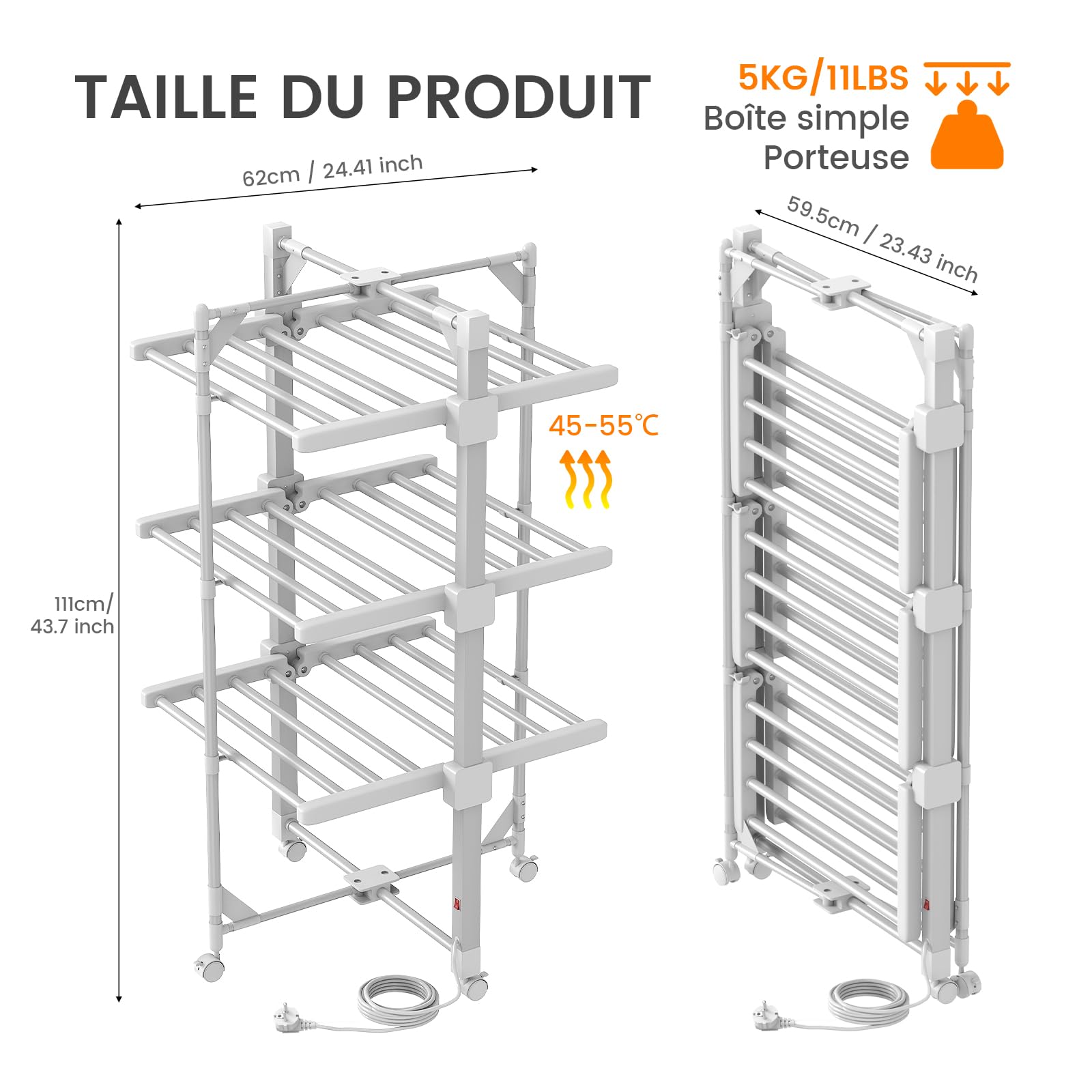 Innotic Séchoir à Linge Chauffant Pliable, Électrique, 230W, 24 Barres Chauffantes, 111x59x62 CM, avec Roues, Blanc