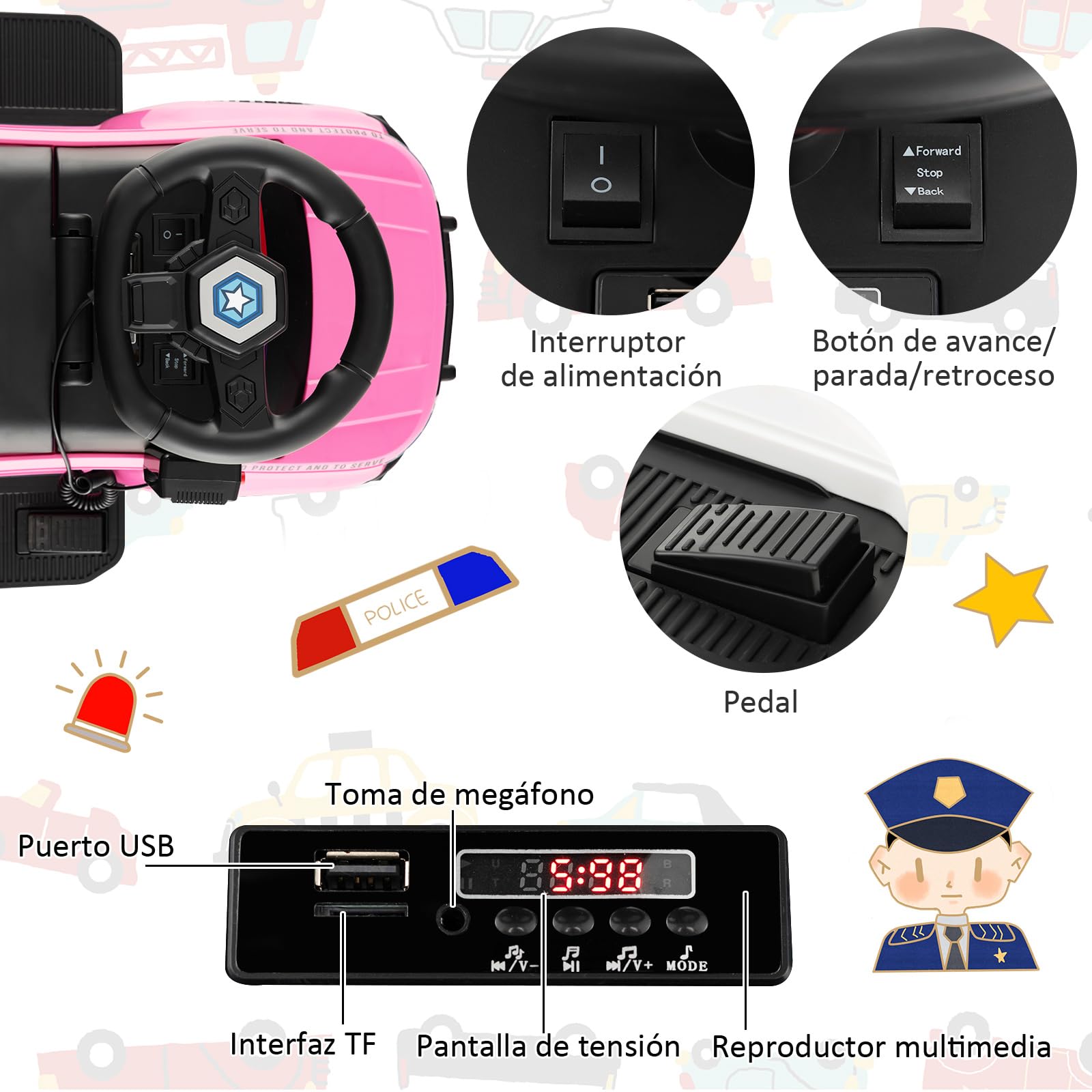 COSTWAY 6V Coche Electrico de Policía para Niños, Coche Batería para Niños con Megáfono Lateral, Bocina, Luz de Alarma y Sonido de Sirena, Reposapiés Ancho, Vehículo para 18-60 Meses (Negro