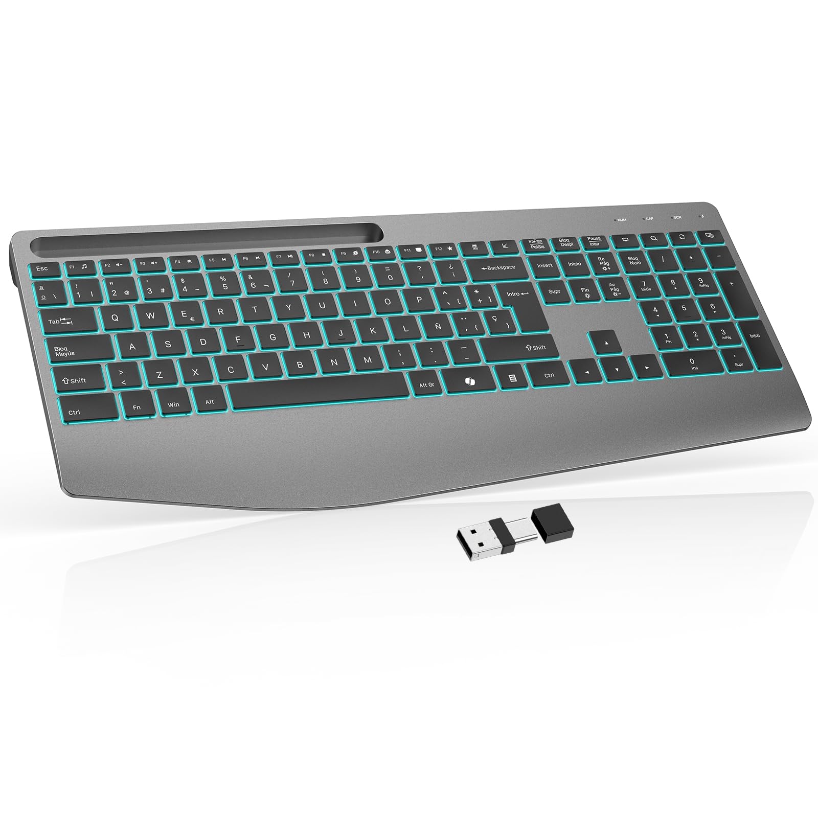 OMOTON Teclado Inalámbrico Ergonómico Reposamuñecas QWERTY Español 2,4G | Recargable, Teclado Silencioso, 7 colores retroiluminación, Soporte móvil, Oficina estudio, para Windows y Linux